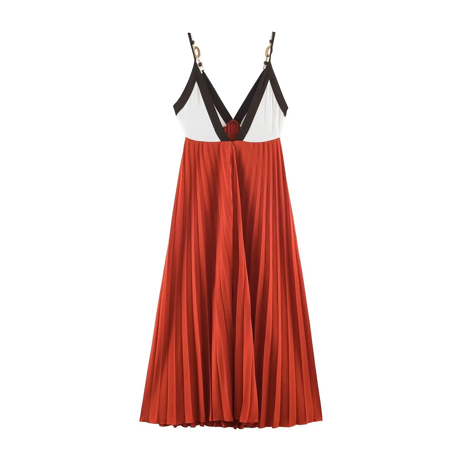 Full flat back view of terracotta white color‑block pleated maxi dress with metal chain straps