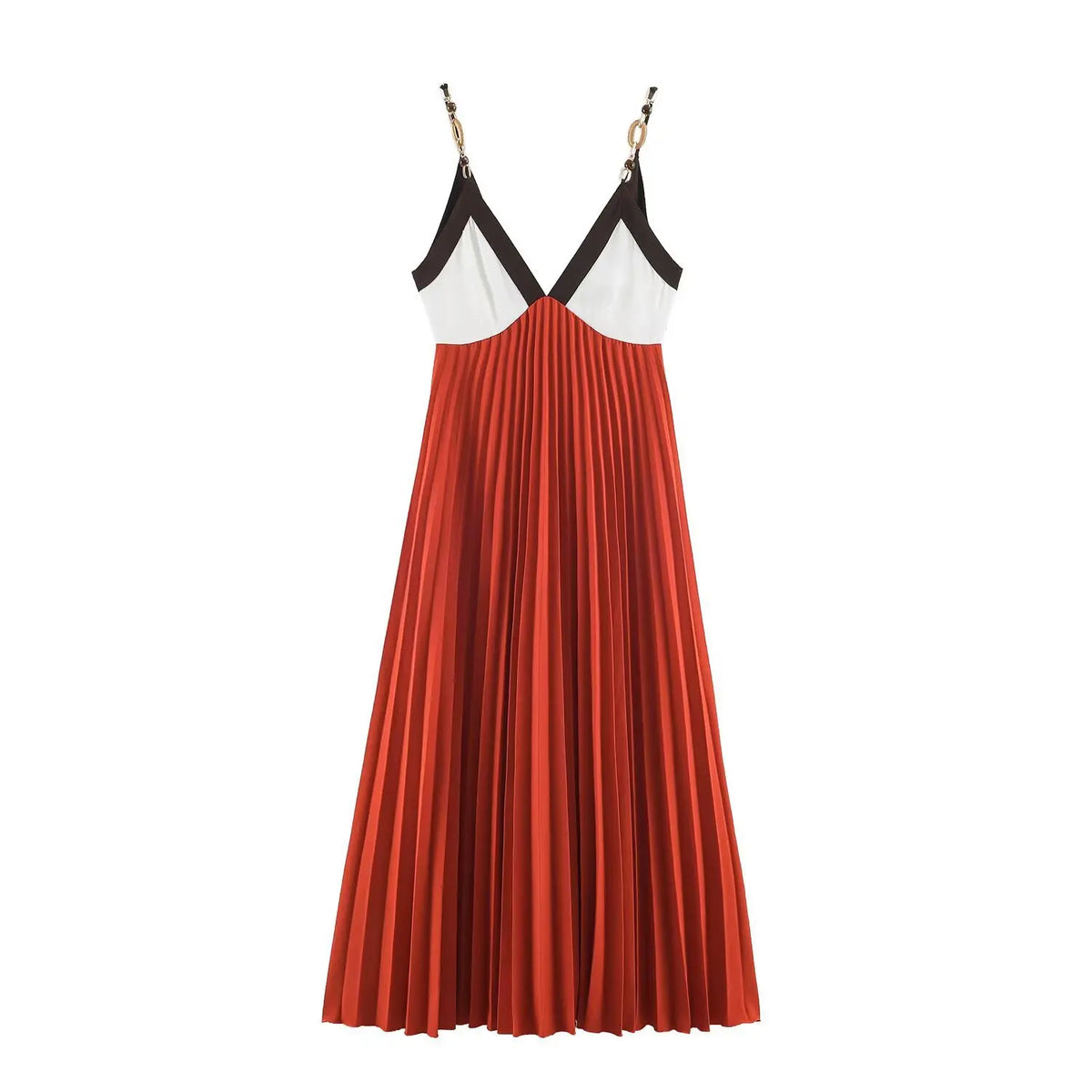 Flat lay front view of terracotta white color‑block v‑neck chain strap pleated flowy maxi dress