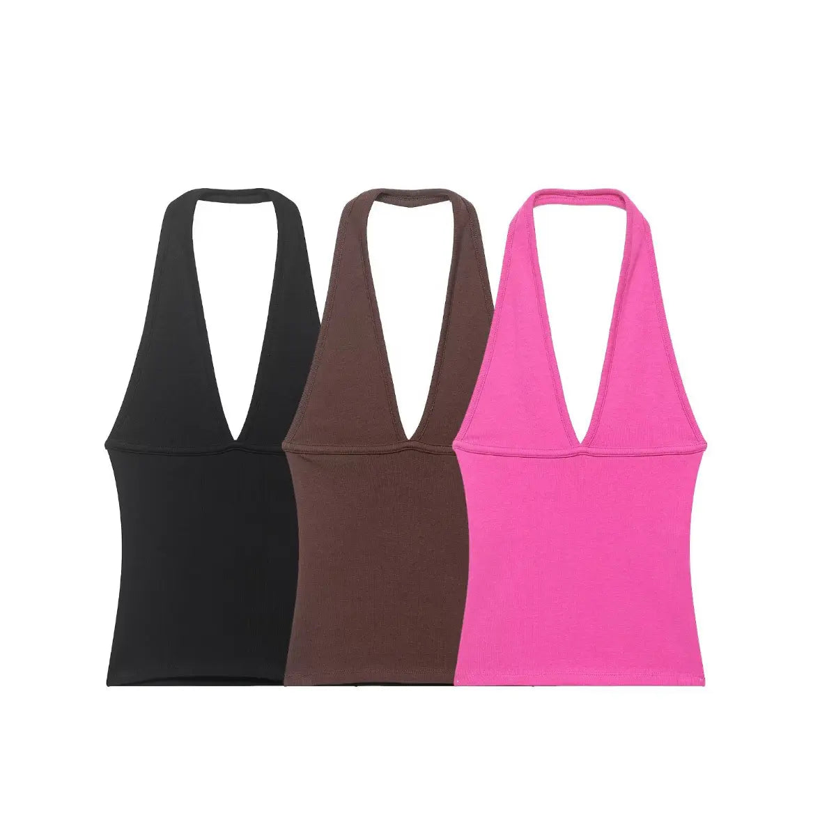 Versatile halter top available in three colors: classic black, warm brown, and bold pink, all with the same sleek design.