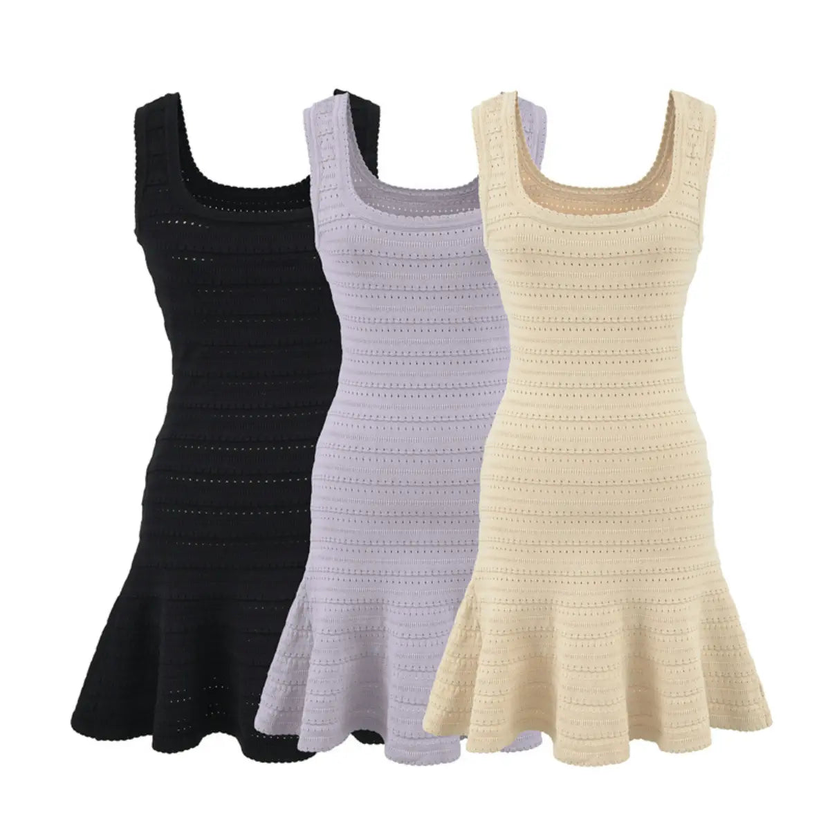 Flat lay view of three knit mini dresses in black, lavender, and beige, showing the full silhouette with square neckline, fitted bodice, and flared skirt.