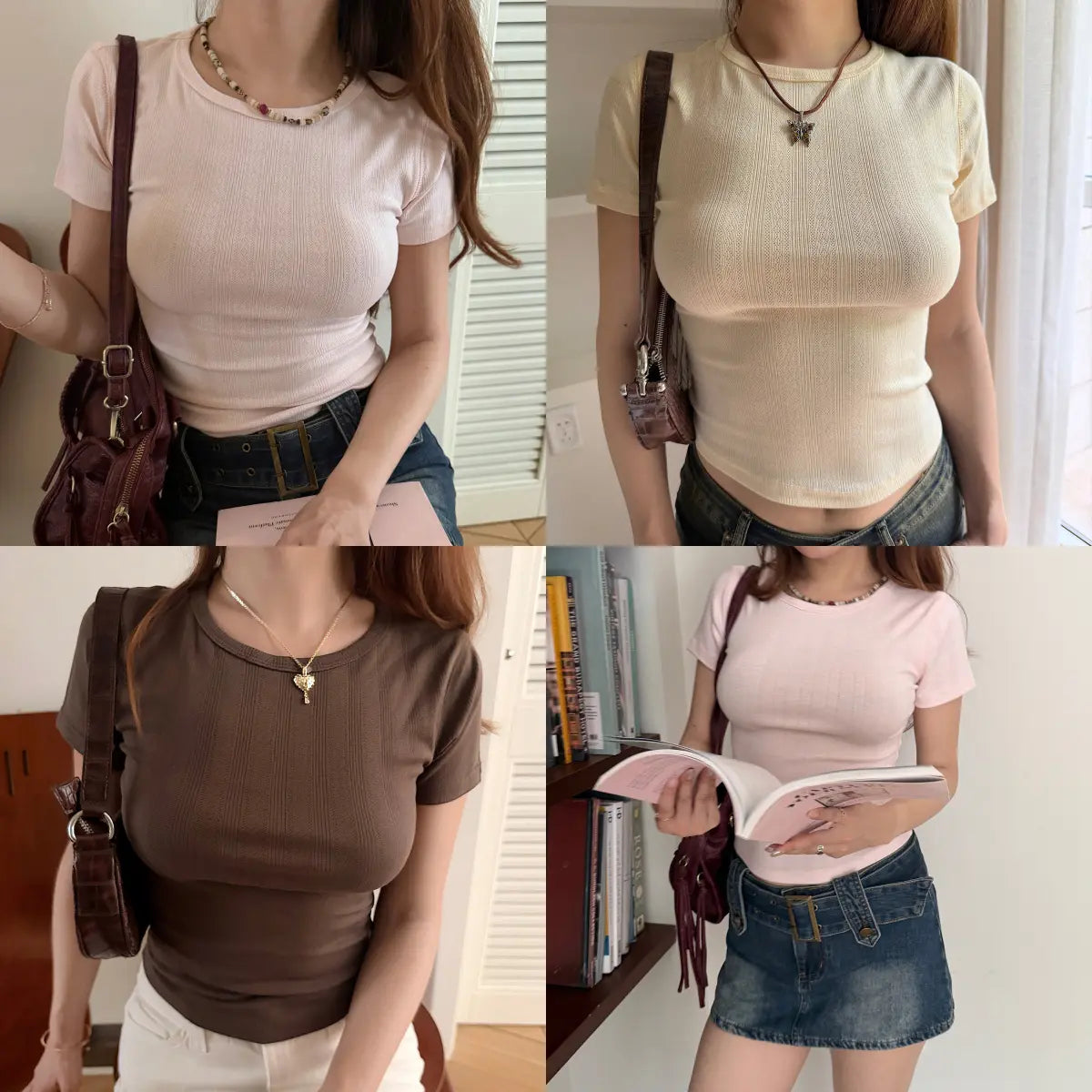 Four-grid flat lay display 3 colors pink coffee cream textured hollow knit slim cropped casual top
