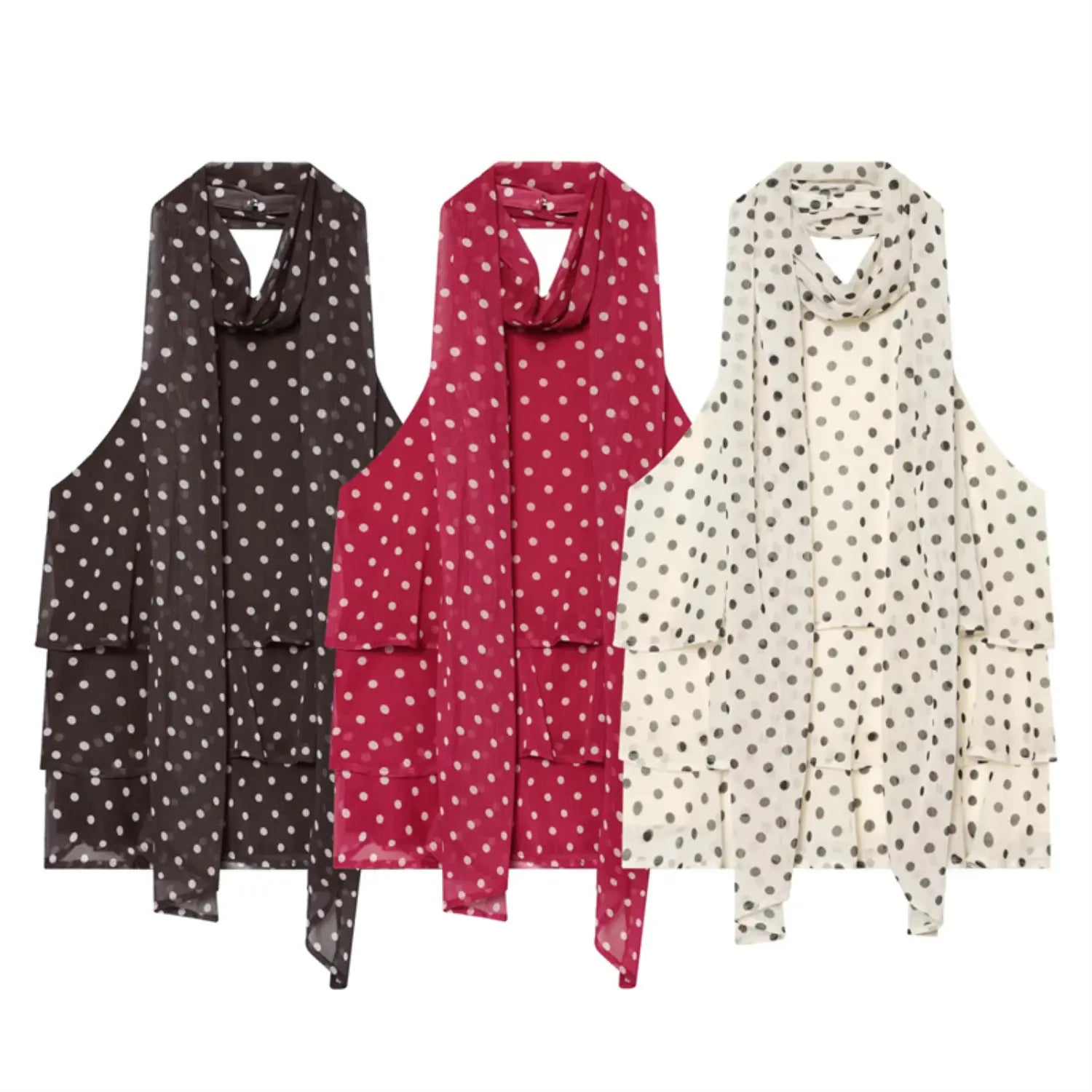 Three colorways flat lay comparison shot, dark brown base white dot /cream base black dot /burgundy base white dot, halter neck with long self-fabric scarf tie, sleeveless cut, multi-layer cascading ruffle hem, sheer lightweight chiffon fabric