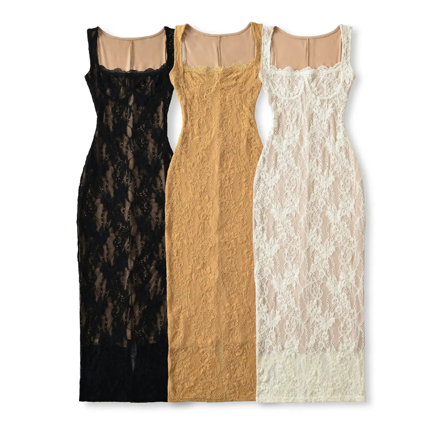 Flat lay group view of sleeveless floral lace midi bodycon dress in black, mustard yellow and cream color variants