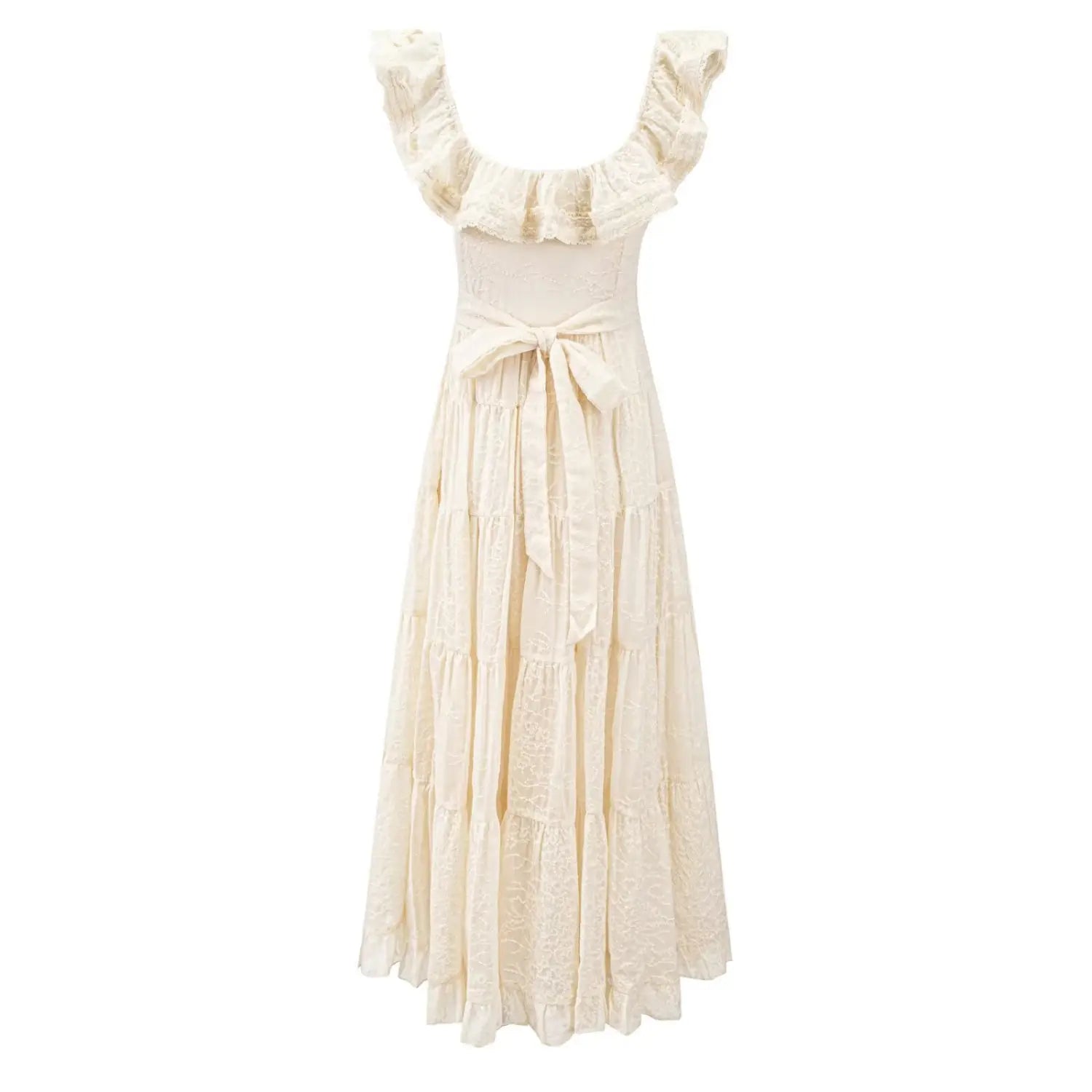 Tiered embroidered maxi dress back full flat lay white background, waist self-fabric bow tie center invisible zipper minimalist fitted back silhouette shot