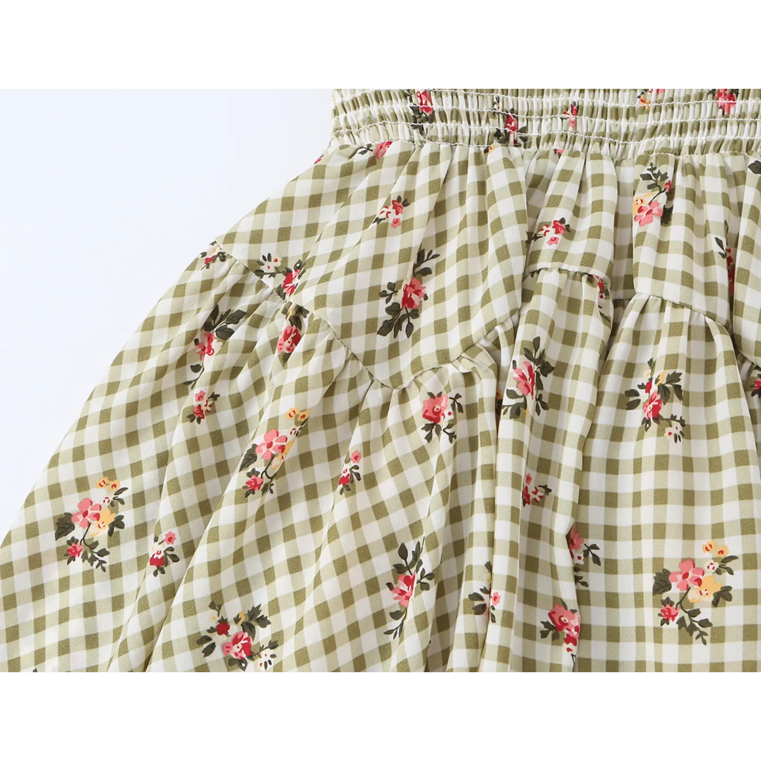 close view tiered ruffle skirt upper part olive gingham pink rose print sundress flowy lightweight fabric
