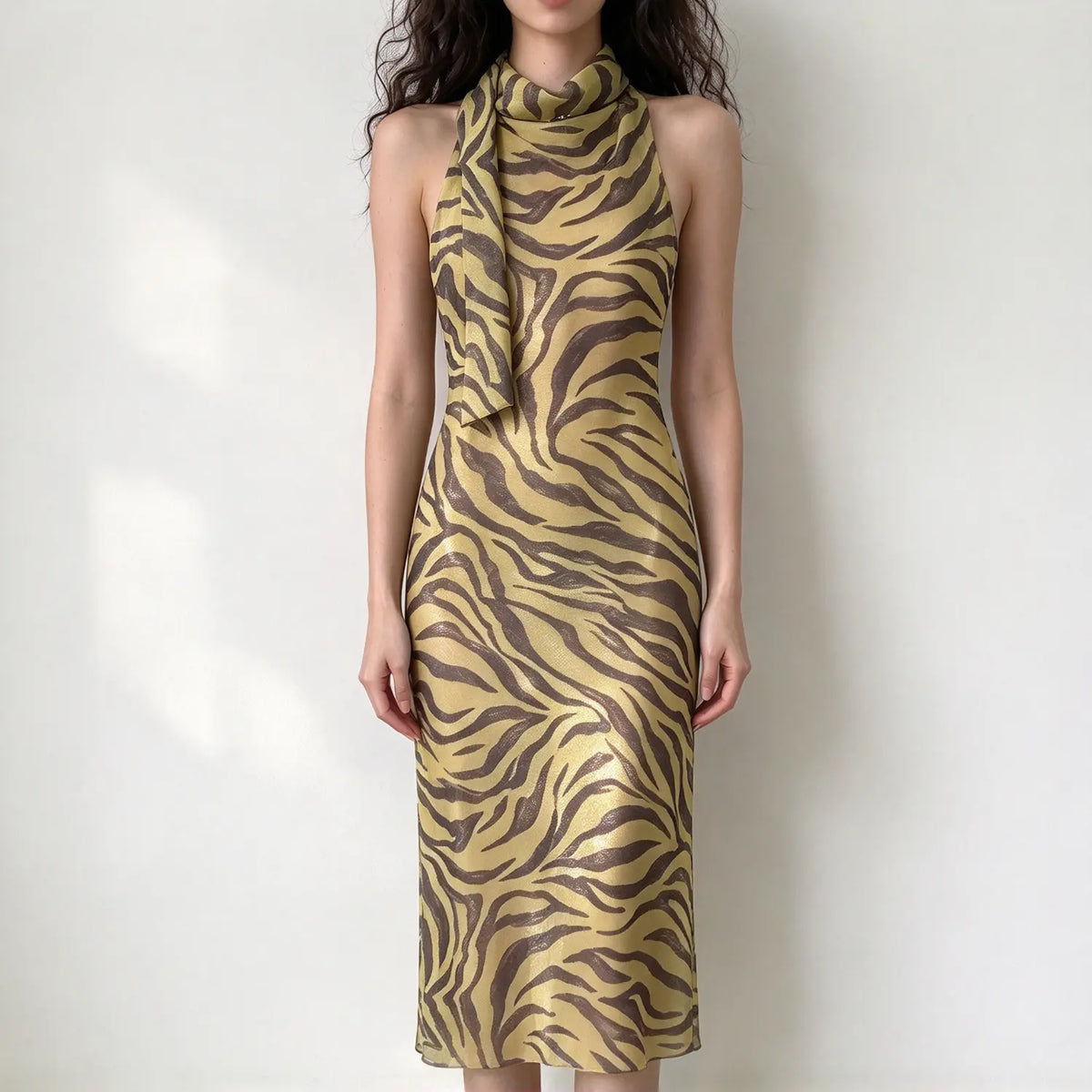 Model wearing yellow brown tiger print satin halter midi dress, neck tie detail, sleeveless, slim fit, glossy fabric, white backdrop