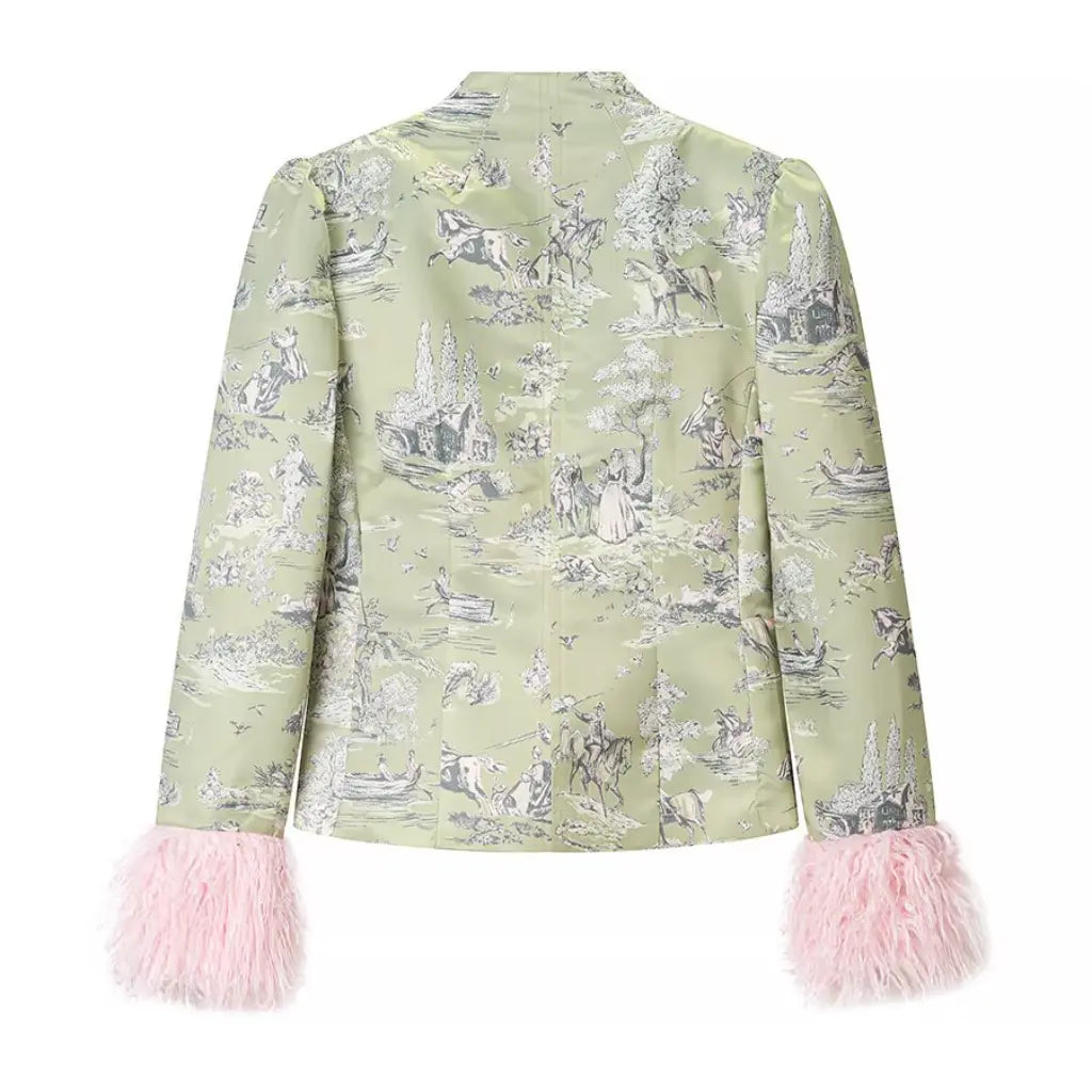 Toile print faux fur cuff fitted blazer, back flat lay