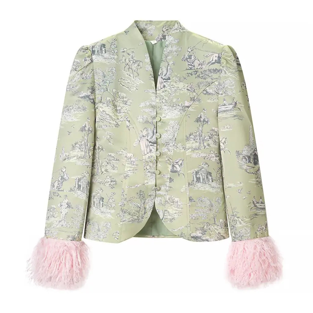 Toile print faux fur cuff fitted blazer, front flat lay
