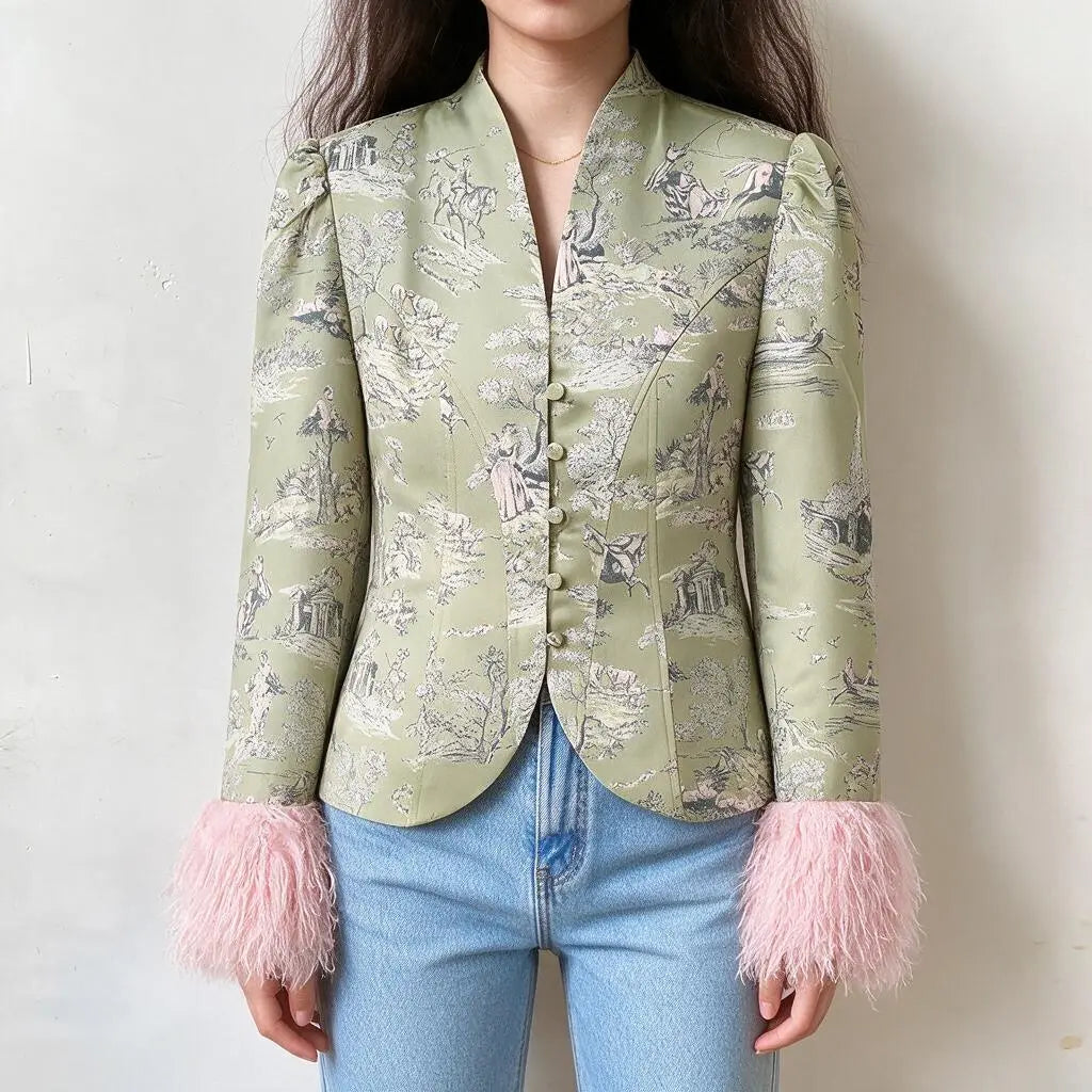 Model wearing toile print faux fur cuff fitted blazer, front view
