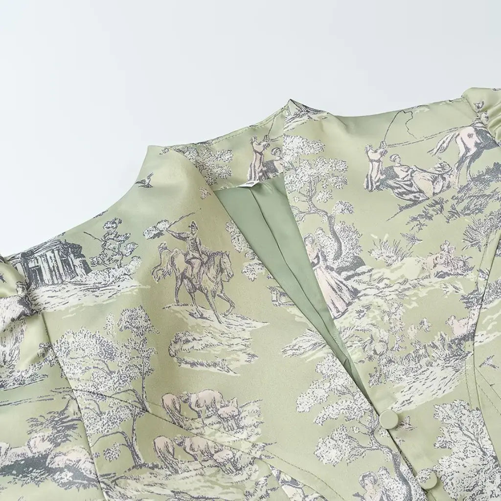 Close-up of V neckline and open placket