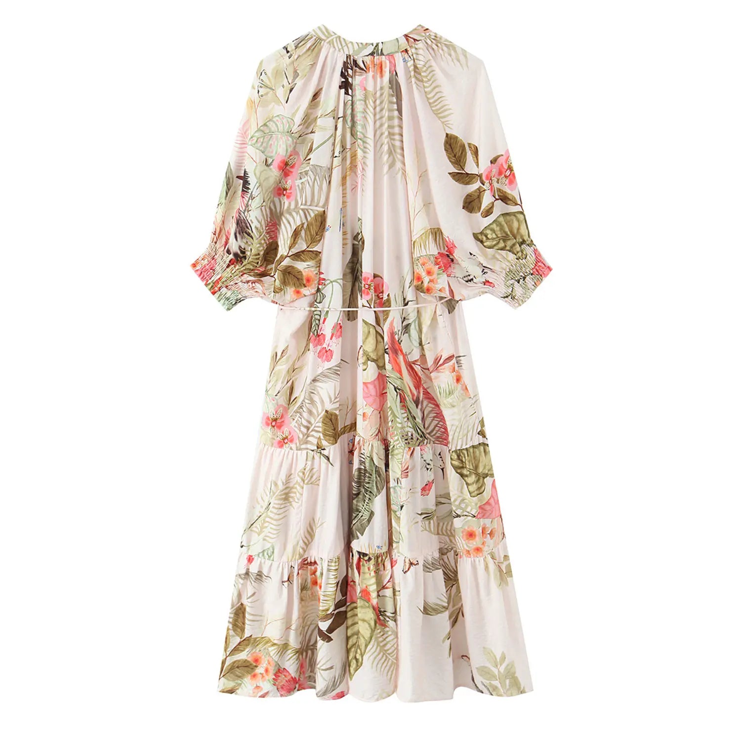 Pink tropical leaf print midi dress, back view, gathered neck and loose flowy tiered hem