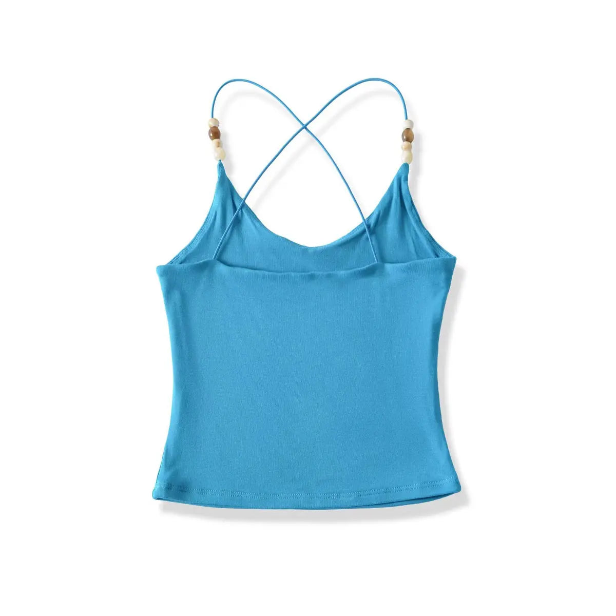 Full back view on white background of turquoise camisole with crisscross beaded straps