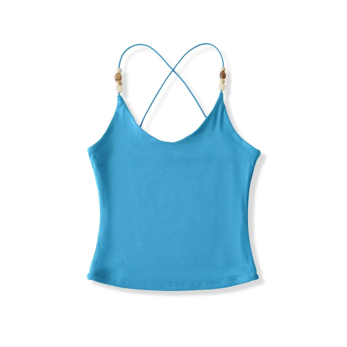 Full front view on white background of turquoise camisole with beaded straps