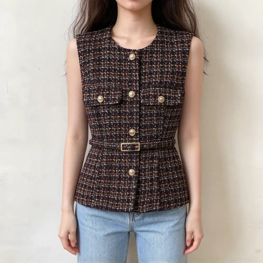 Sleeveless tweed vest with round neck, gold buttons and matching waist belt, classic preppy style