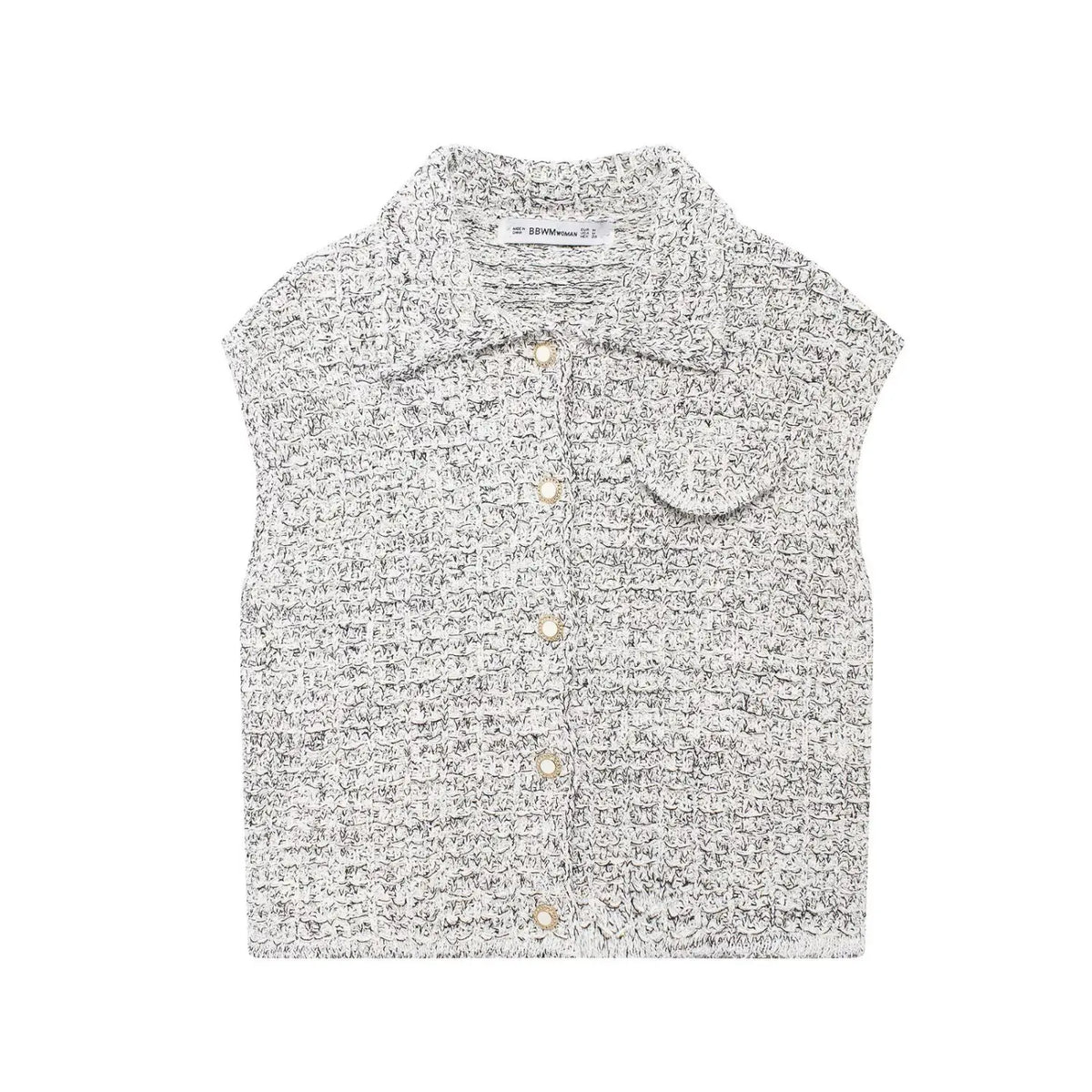Front flat lay of tweed collared button cropped vest
