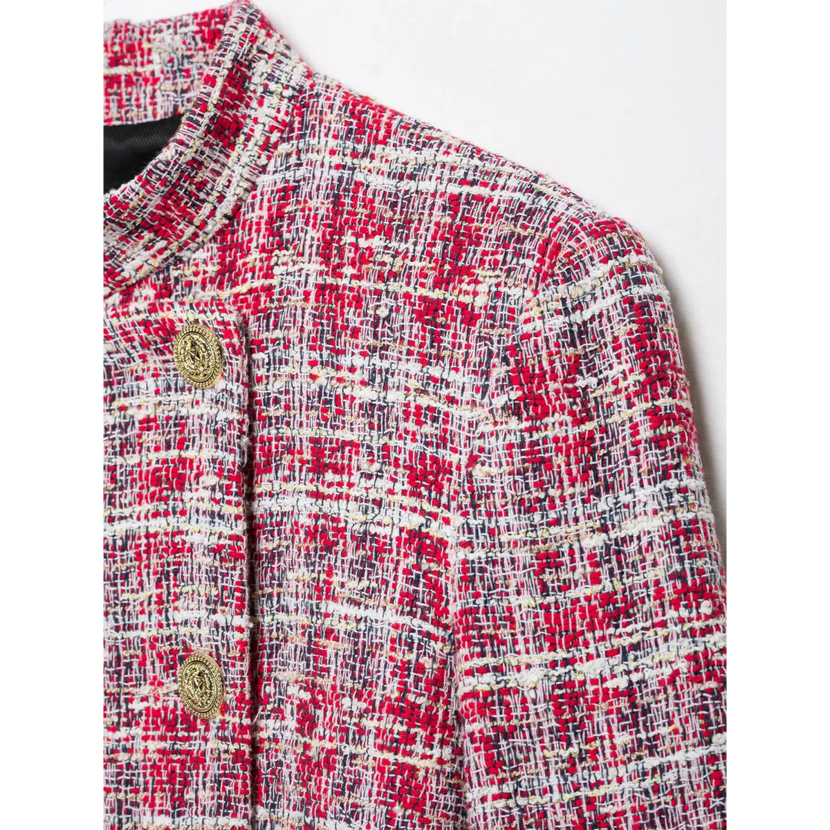 Close-up of stand collar shoulder seam