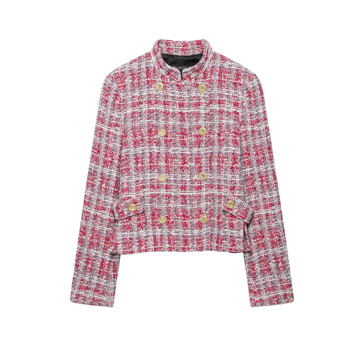 Front flat lay of tweed double breasted cropped jacket