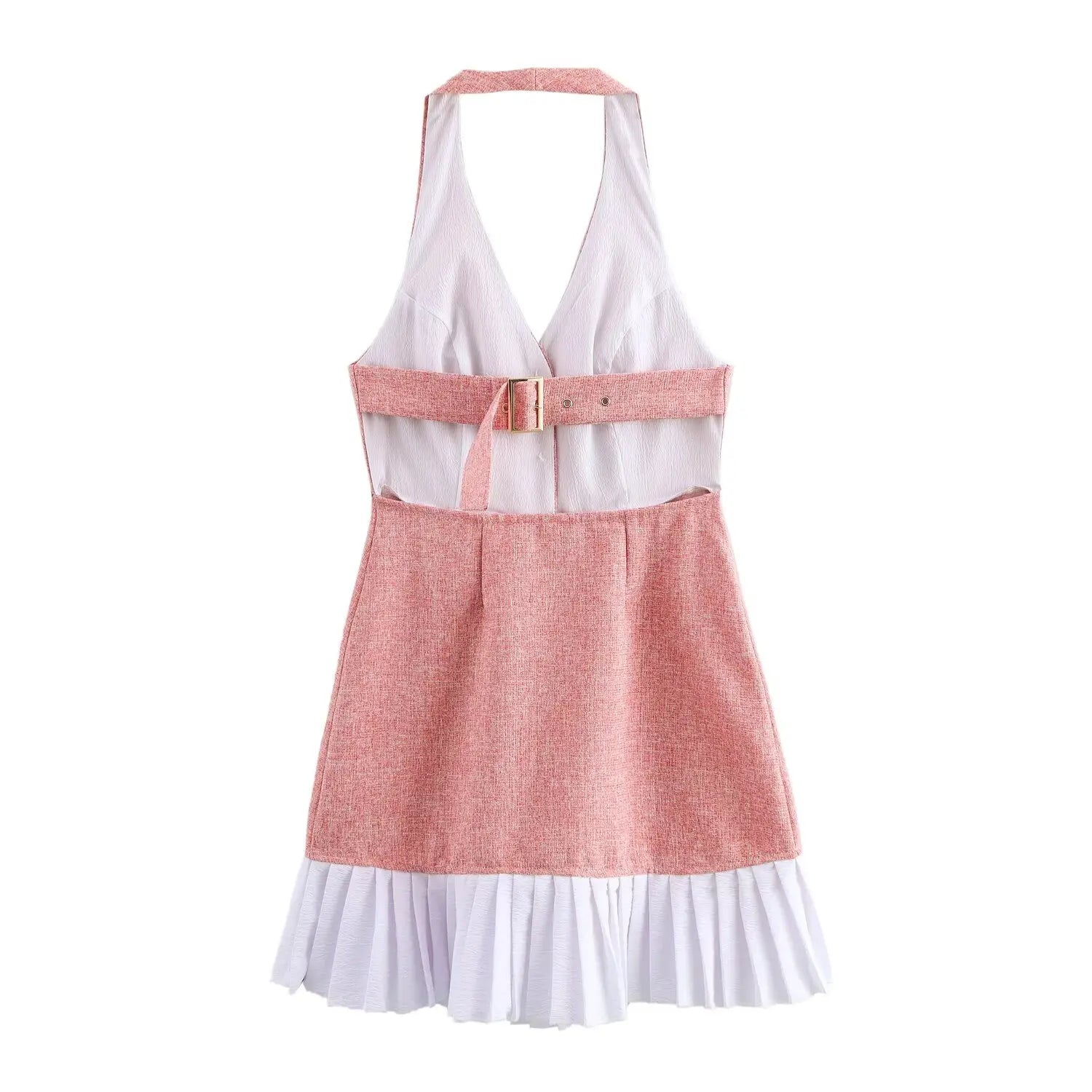 Full back flat lay, halter neck open back, deep V white inner lining, wide matching tweed waist belt with square metal buckle, A-line pleated mini hem