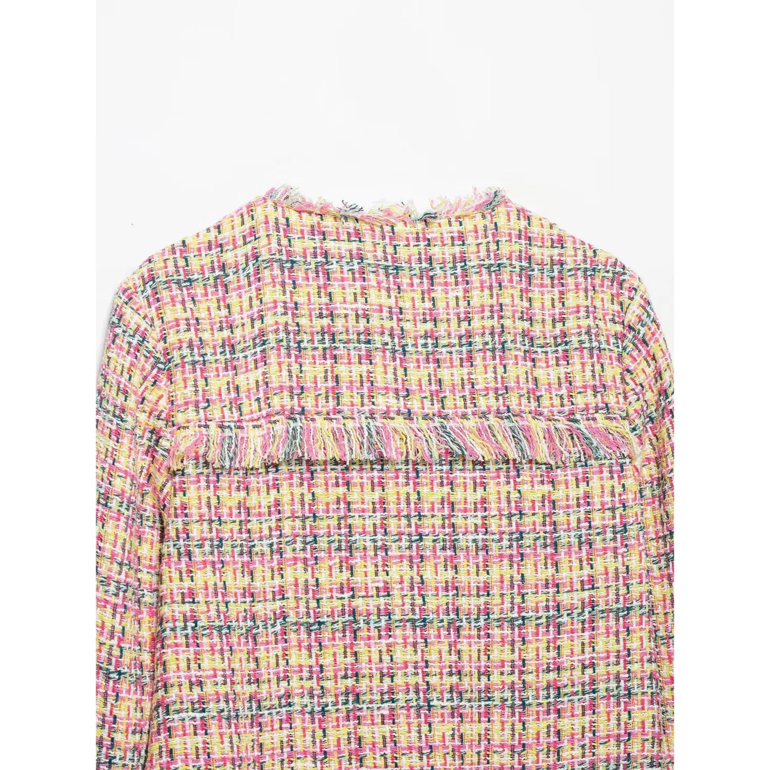 Back waist frayed fringe detail multicolor tweed cropped blazer