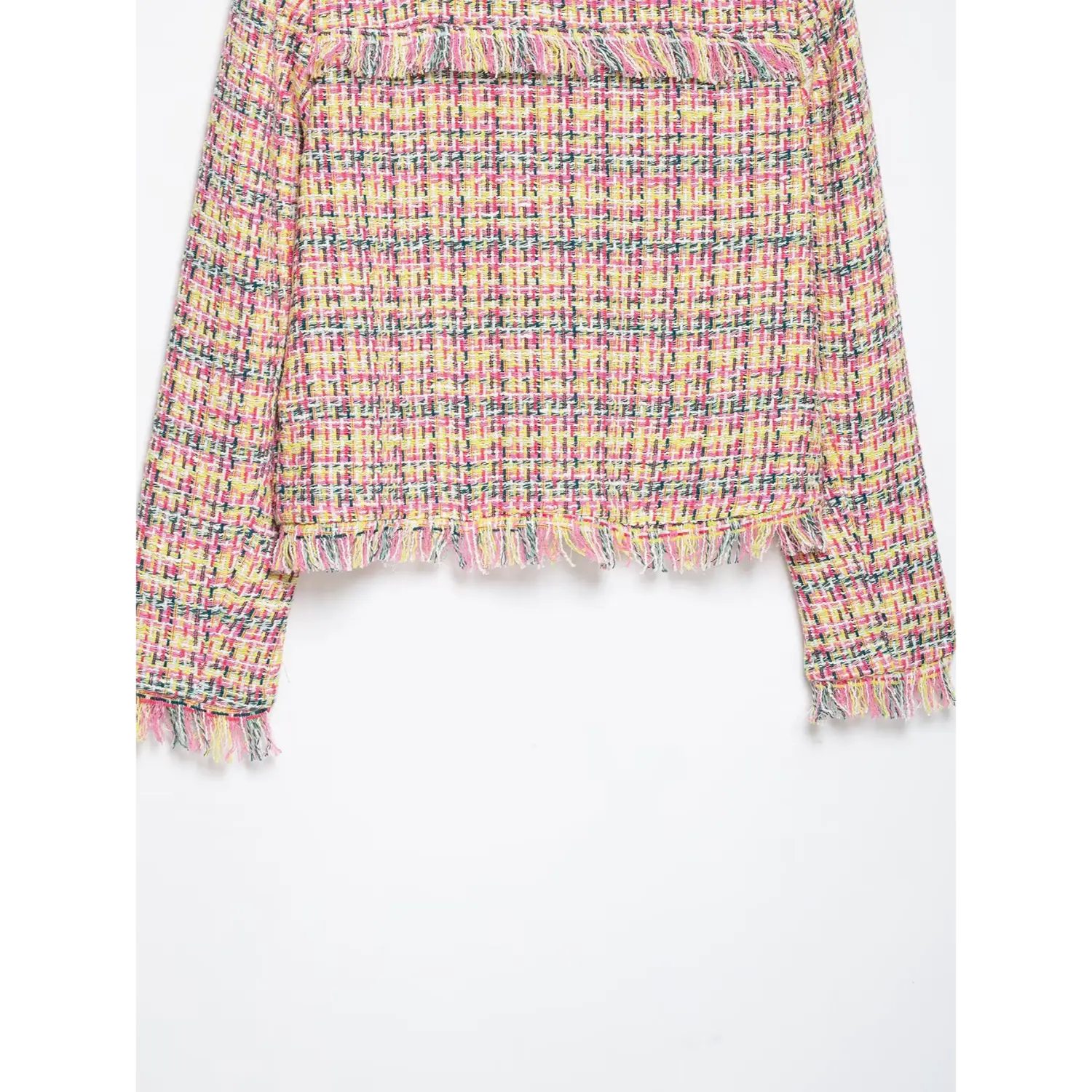Bottom back view frayed trim colorful woven tweed cropped blazer