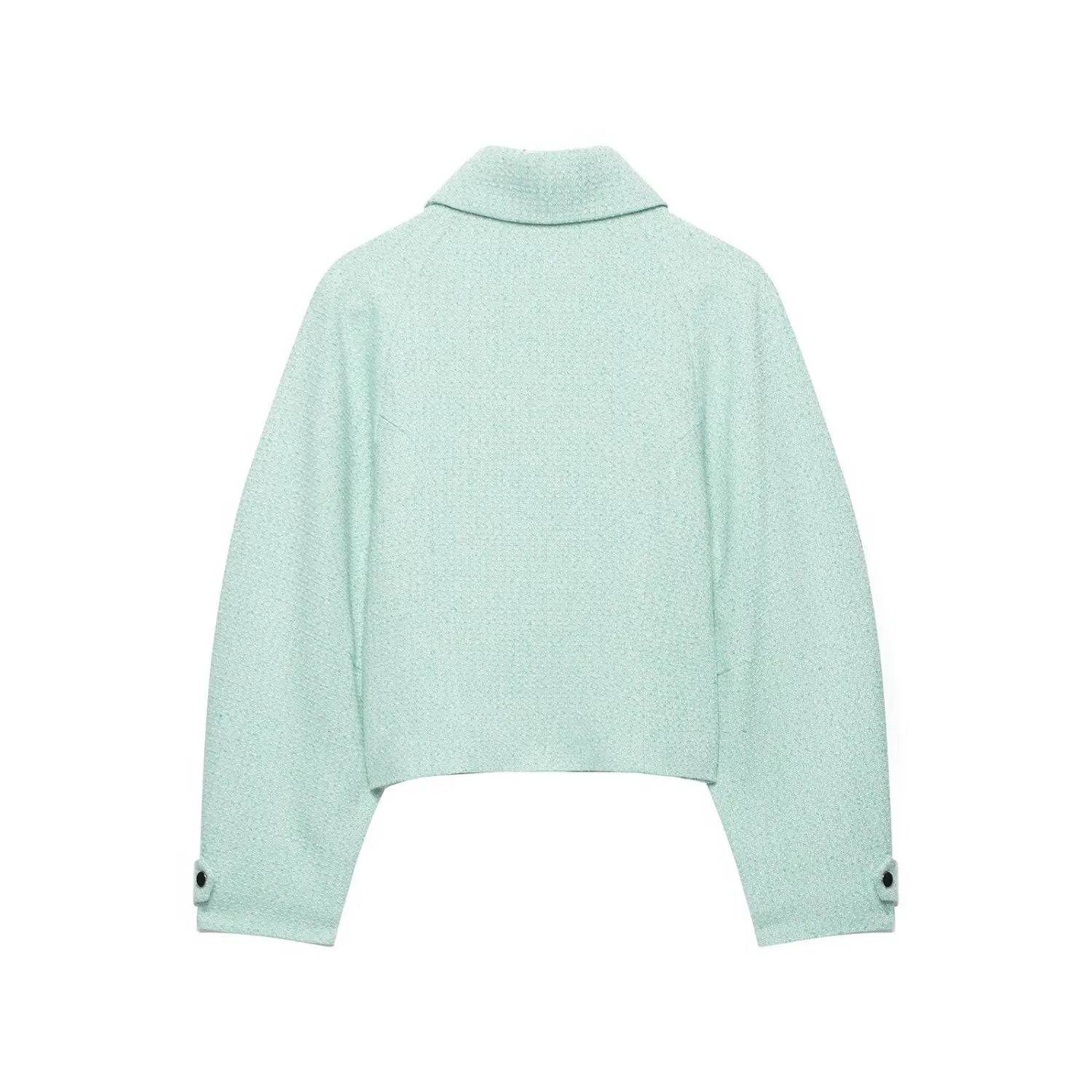 Official back view mint textured woven short jacket, collar detail and cuff button accents