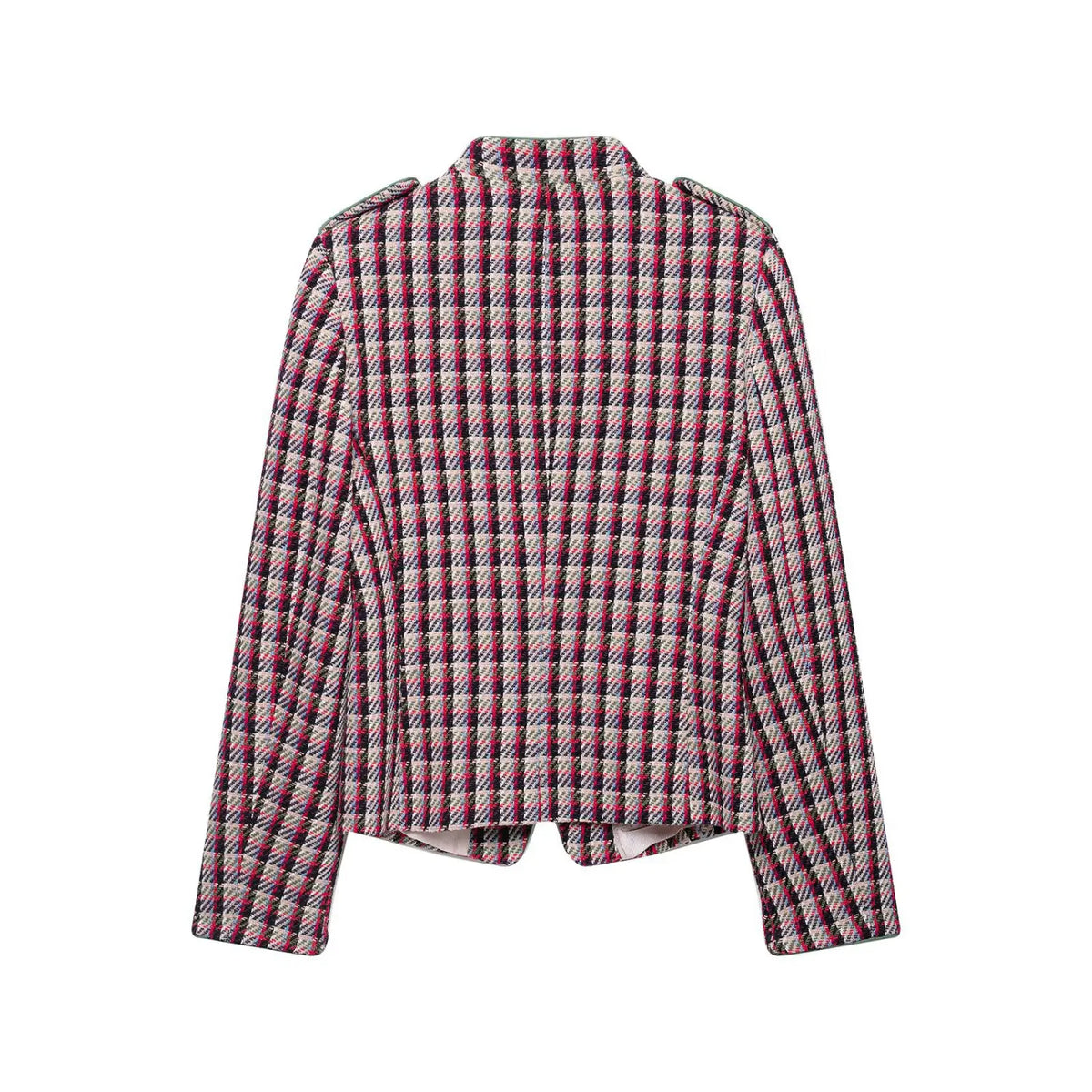 Back view of cropped plaid tweed jacket with stand collar, epaulettes and slim fit