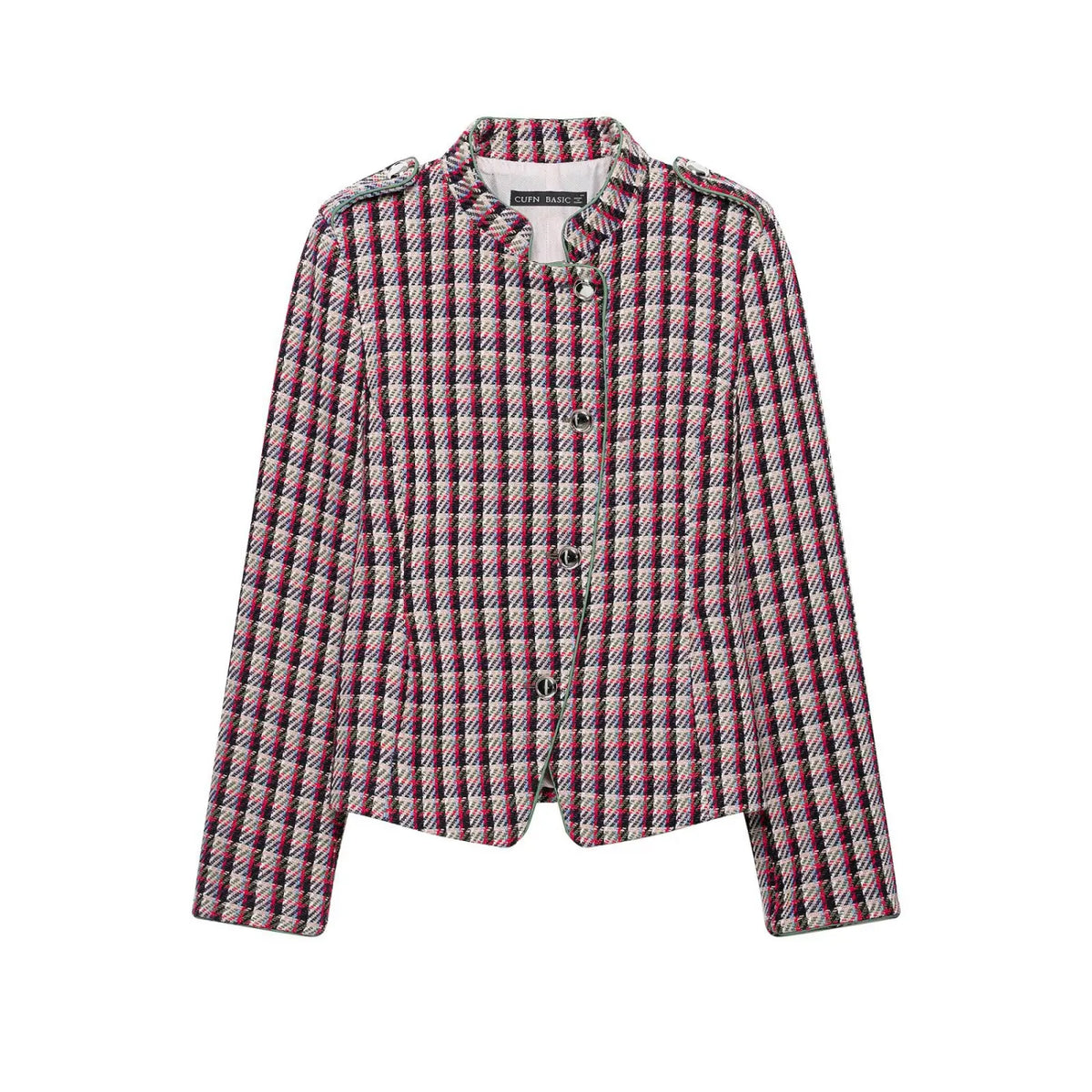 Front view of cropped multicolor plaid tweed jacket with stand collar, epaulettes and metal buttons