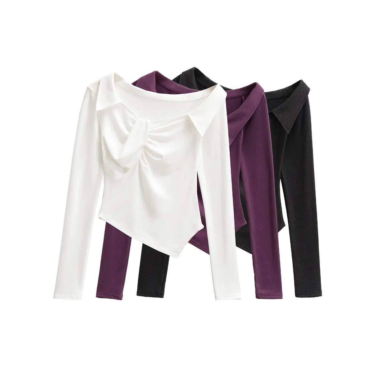 Group view of the twist-front long-sleeve tops in white, purple, and black, featuring the twisted bust detail and asymmetric hem