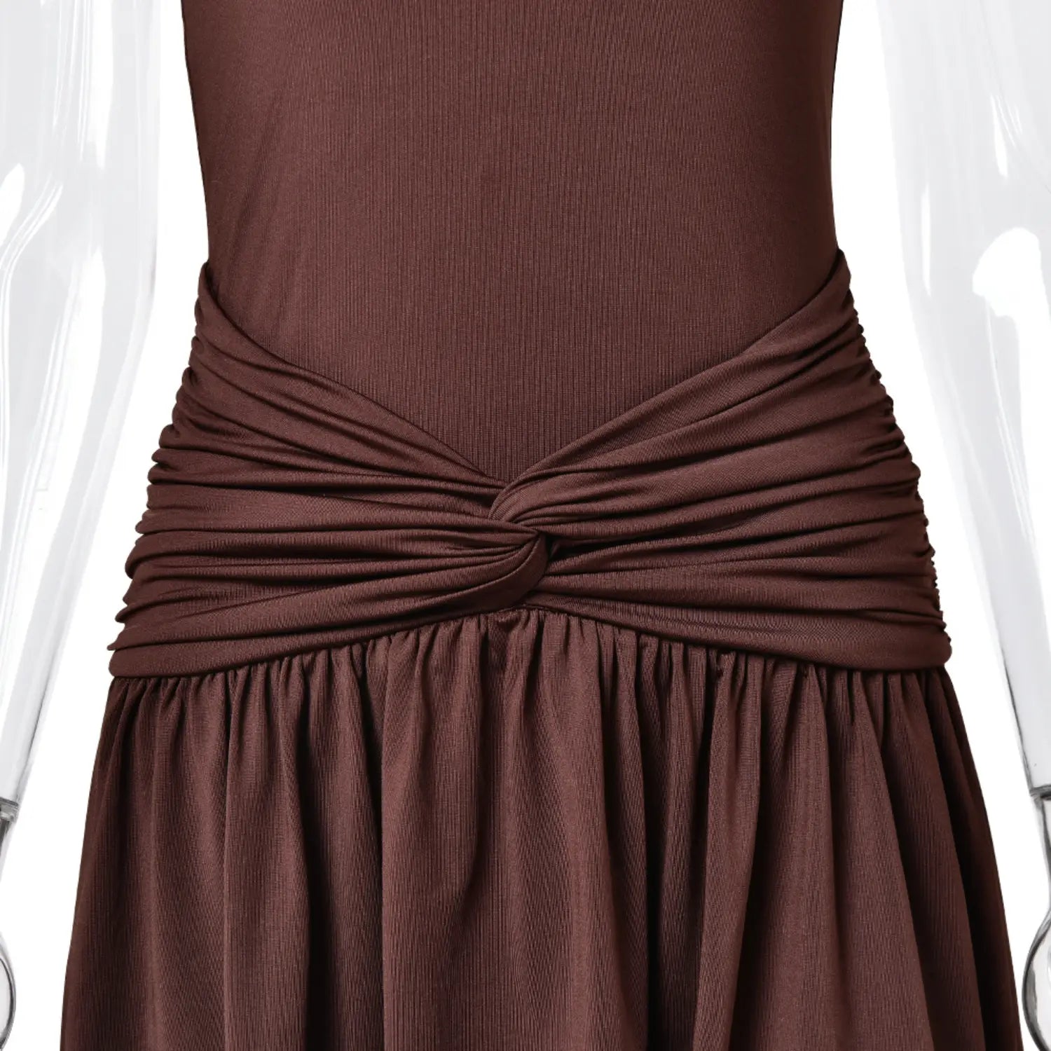 Front twist knot ruched waist detail on brown halter flowy mini dress