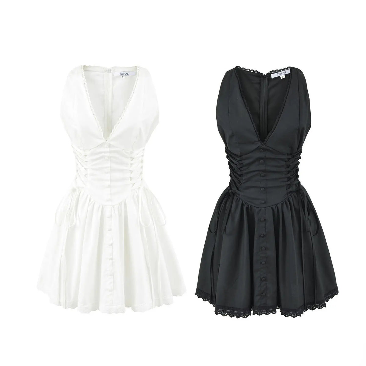 White and black sleeveless corset mini dress side by side, v neck lace trim
