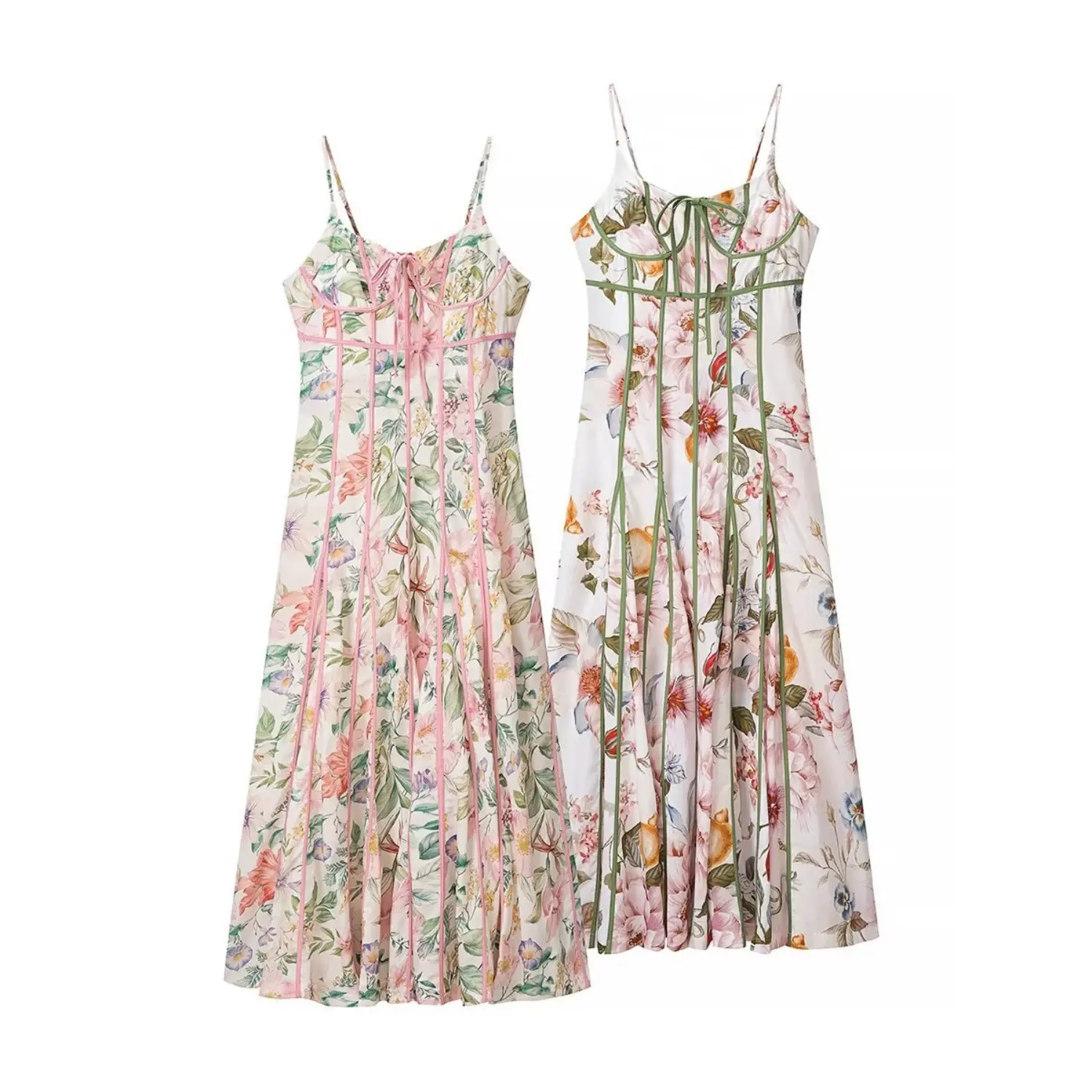 Two version flat lay comparison, pink piping bust tie midi dress & green piping cage bust midi dress, same allover mixed floral print