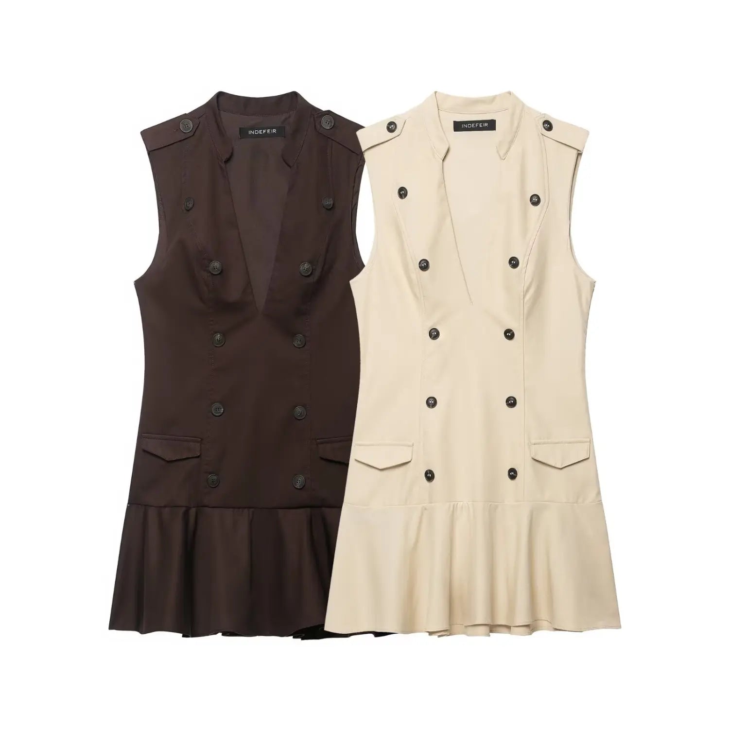 Flat lay view, beige and dark brown sleeveless trench style mini dress, double breasted with ruffle hem