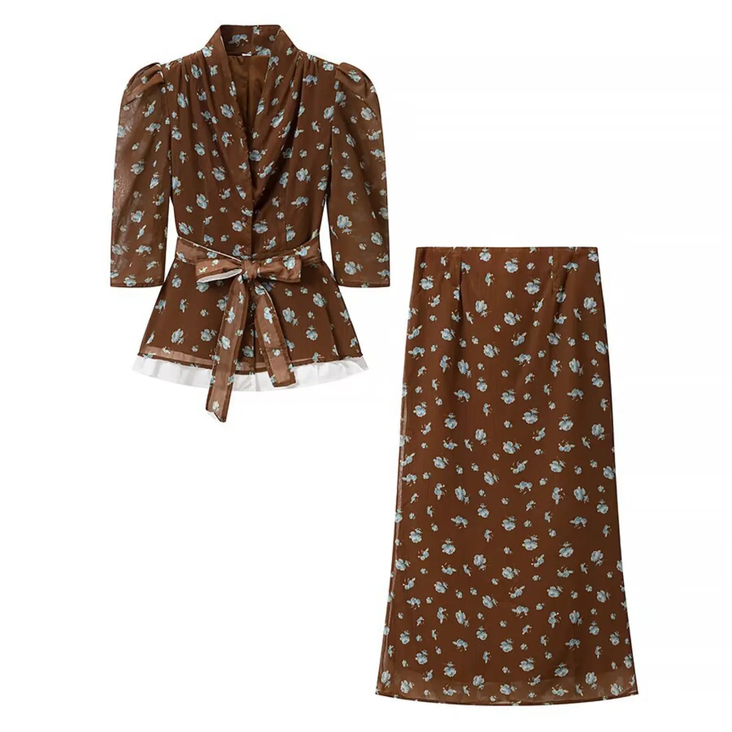 Whole set flat lay overview, V-neck tie blouse + matching high waist midi skirt, vintage floral allover print
