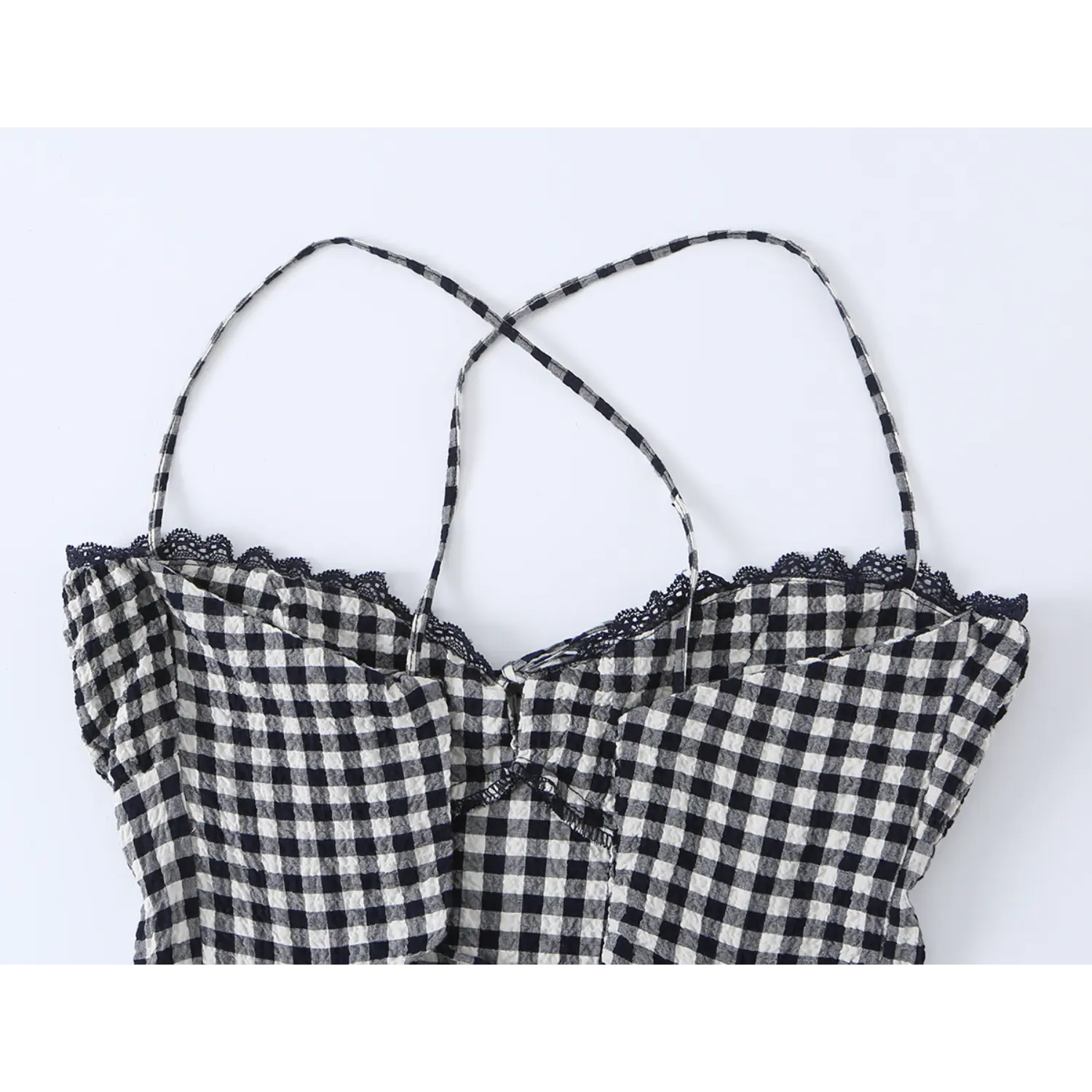 Upper back partial shot, cross thin plaid straps, waist hollow cutout, back tie seam stitching, lace bust extension