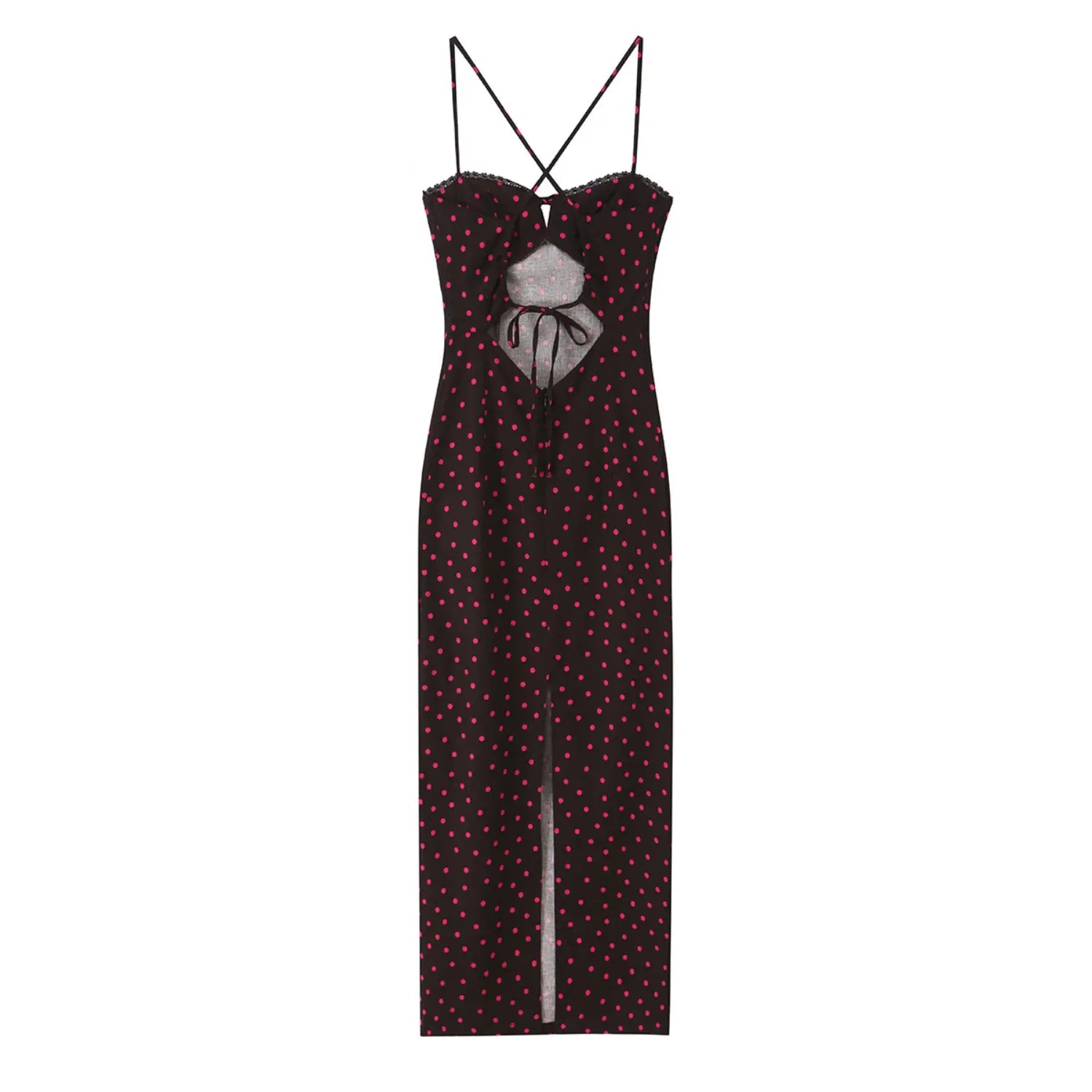 Full back flat view polka dot dress, back hollow cutout with self-fabric tie, vertical back thigh slit, matching thin cross back straps