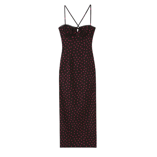 Full front flat lay black base pink polka dot maxi slip dress, scalloped lace ruffle bust with front drawstring tie, thin cross spaghetti straps, slim long skirt with hidden back slit