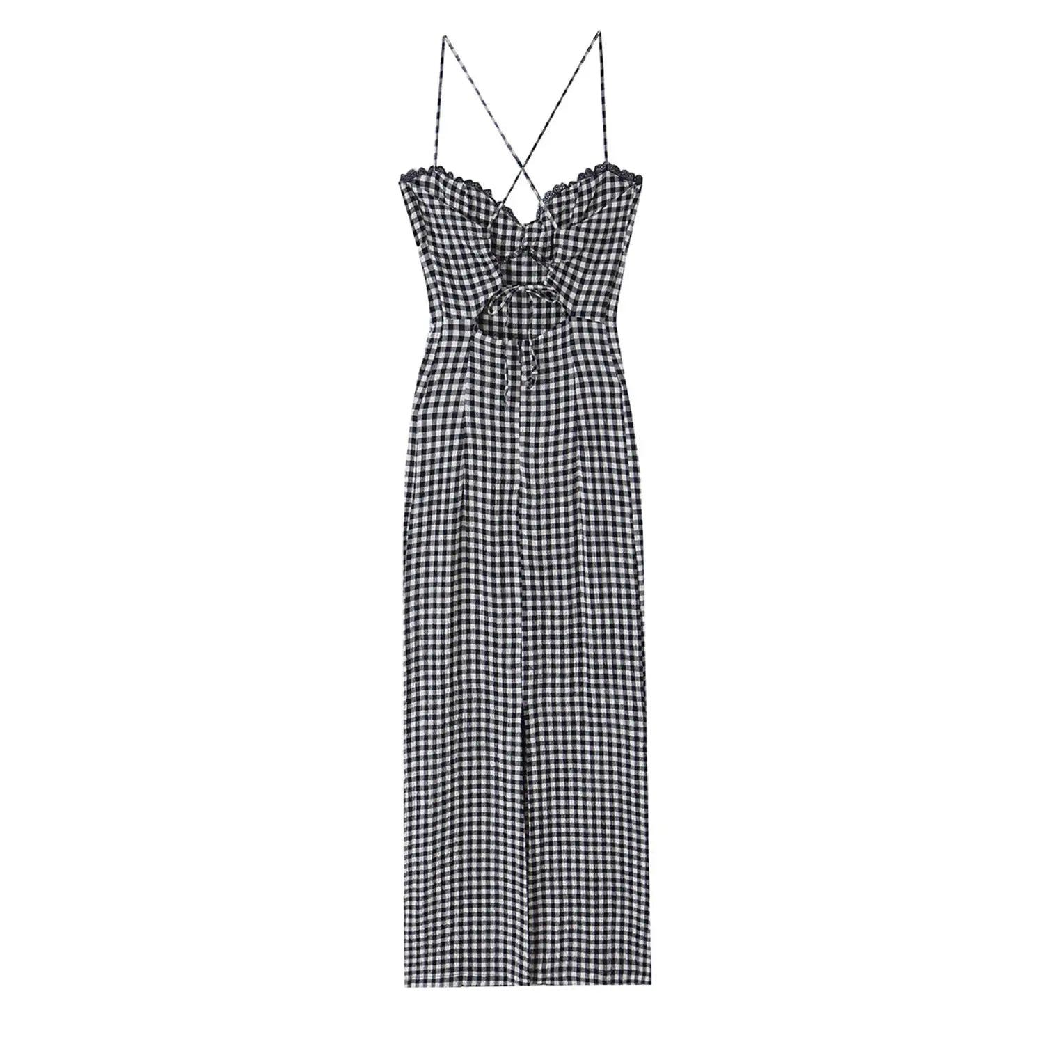 Full back flat gingham dress, waist hollow cutout with fabric tie closure, back center long slit, cross thin spaghetti straps
