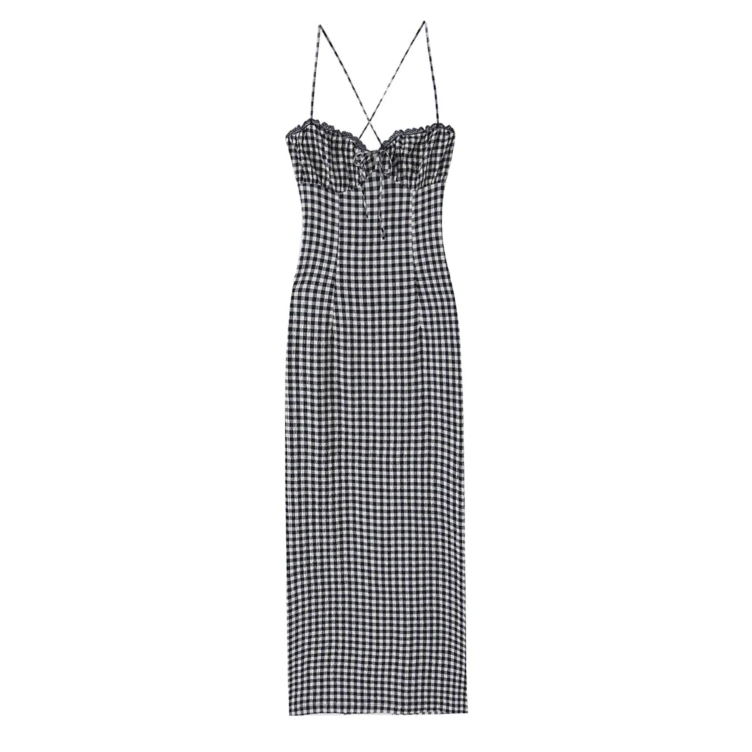 Full front flat lay black white gingham check maxi slip dress, scalloped lace trim bust, front ruched drawstring tie, slim fit full length skirt