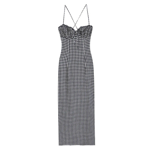 Full front flat lay black white gingham check maxi slip dress, scalloped lace trim bust, front ruched drawstring tie, slim fit full length skirt