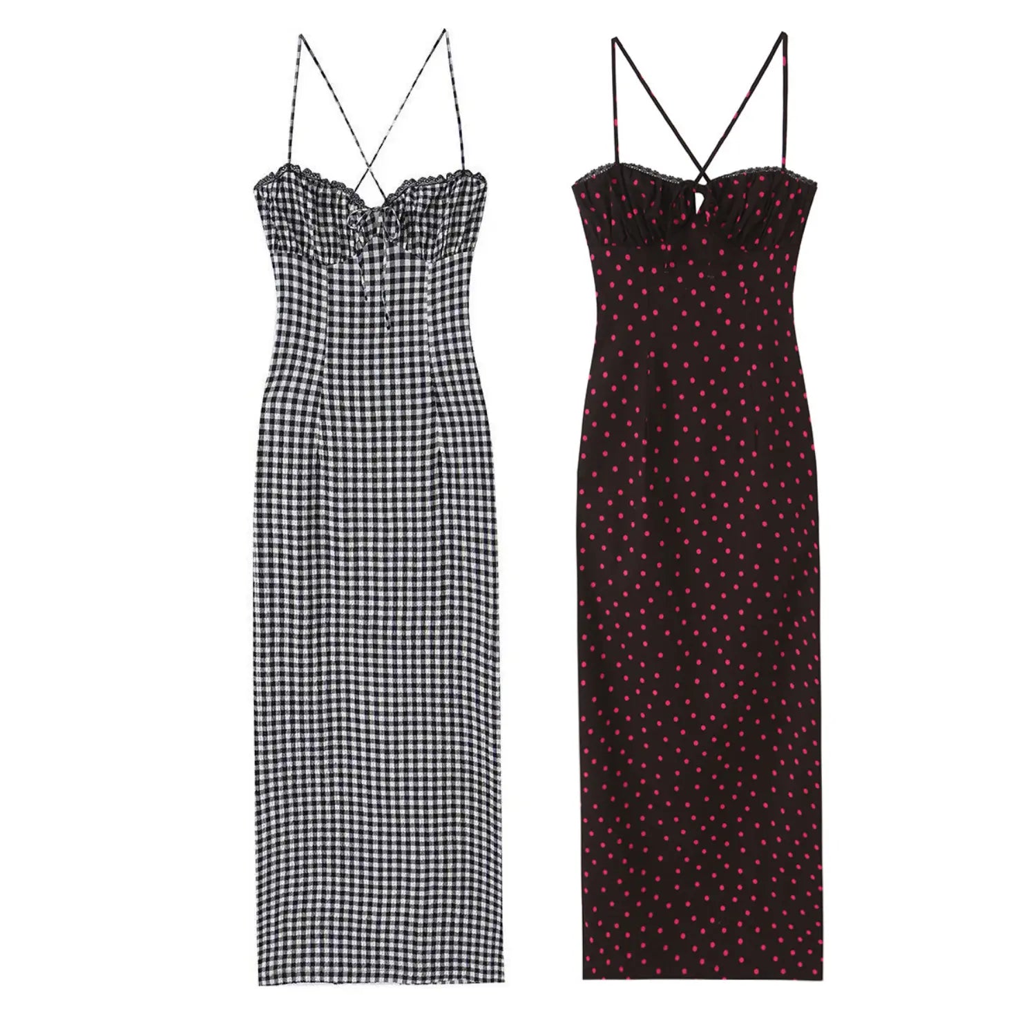 Two styles flat lay side by side maxi slip dress, left black white gingham check print, right black base pink polka dot print, ruffle scalloped bust with front drawstring tie, thin cross back spaghetti straps, slim fit floor-length midi maxi skirt, lightweight woven fabric