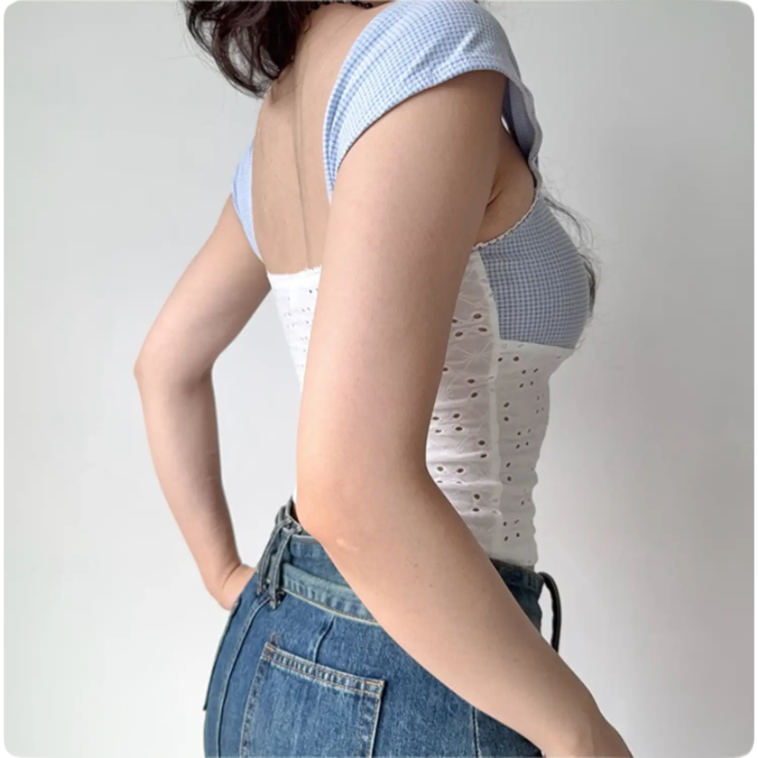 Back side shot of two tone gingham eyelet stretch crop top, cap sleeve square back slim y2k summer camisole for women