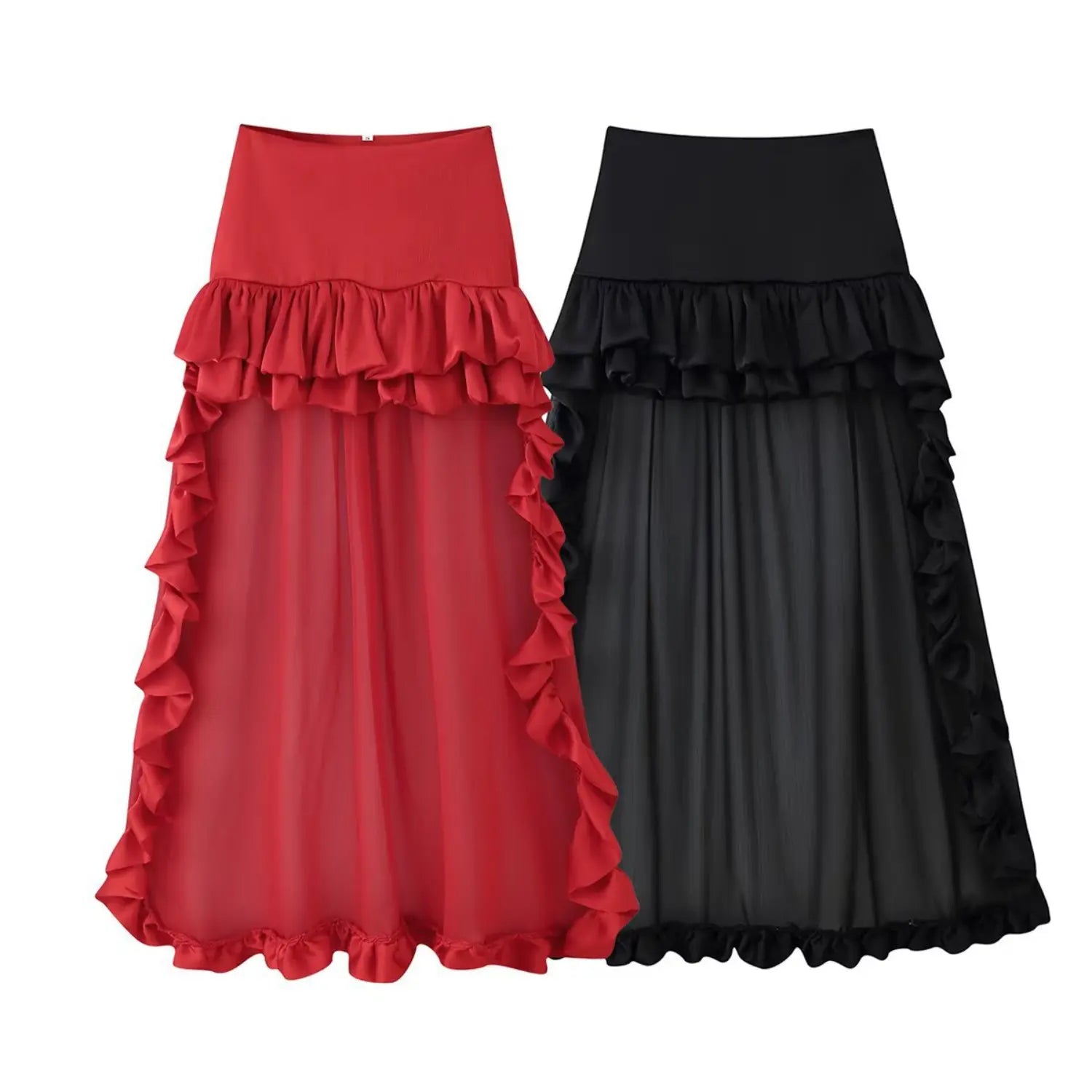 Red and black high waist tiered ruffled chiffon maxi skirt two colors flat lay on plain white background