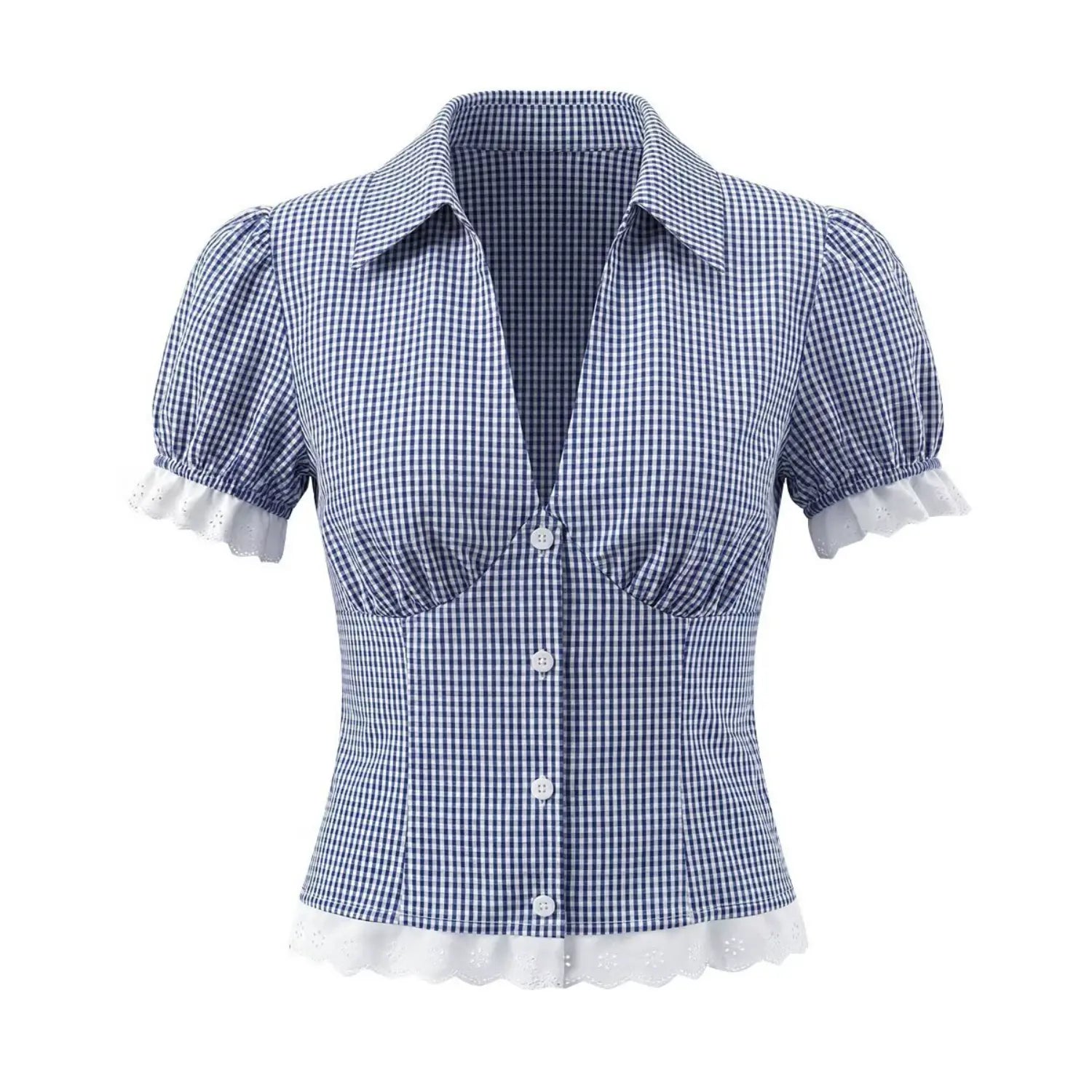 V lapel bust gathering top close flat shot, pointed lapel flatter neck vertical three-dimensional bust pleats highlight waistline neat line of white placket buttons flat gingham fabric silhouette detail shot