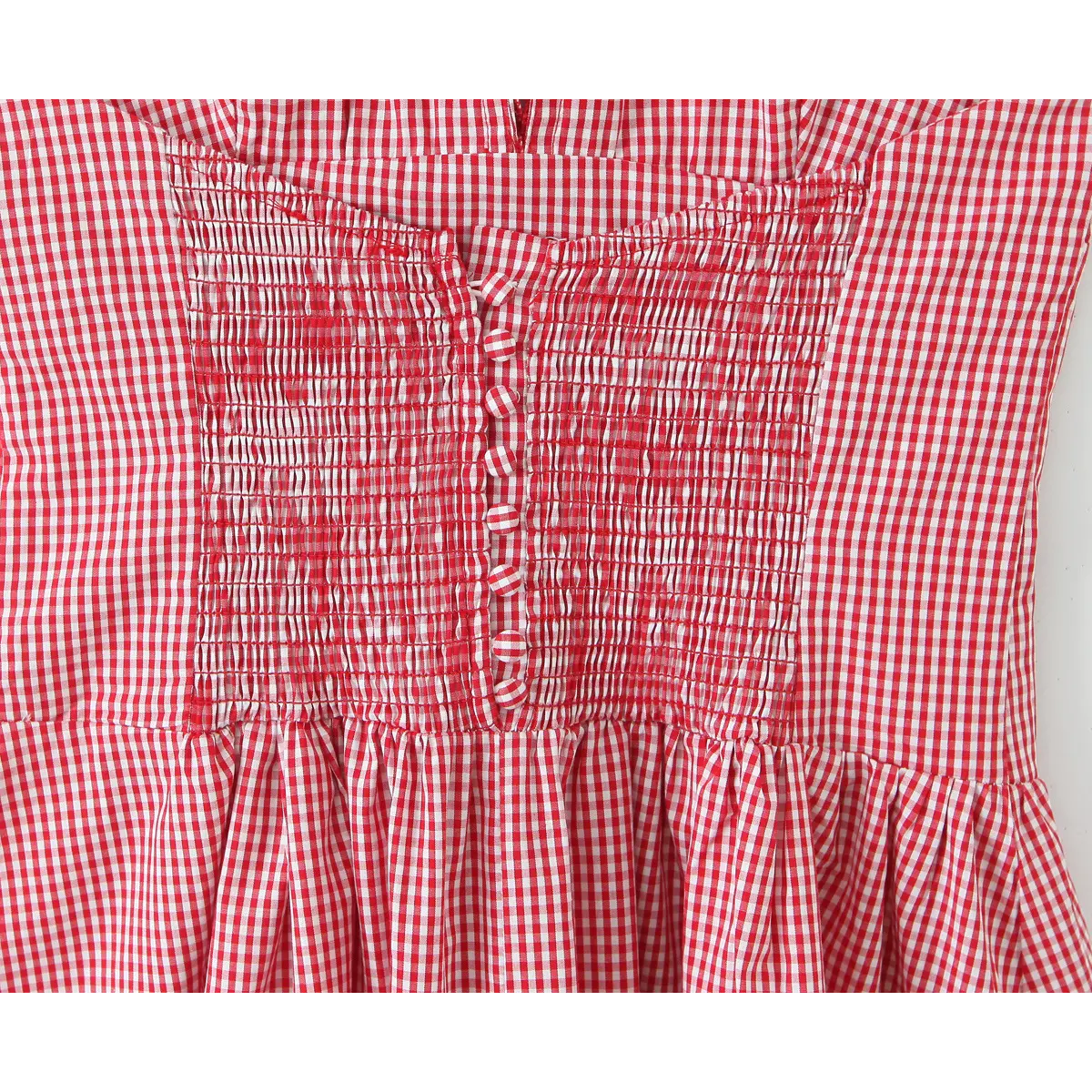Ruffle edge V neck halter collar close view