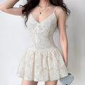 Lifestyle shot of V neck jacquard mini sundress casual daily look