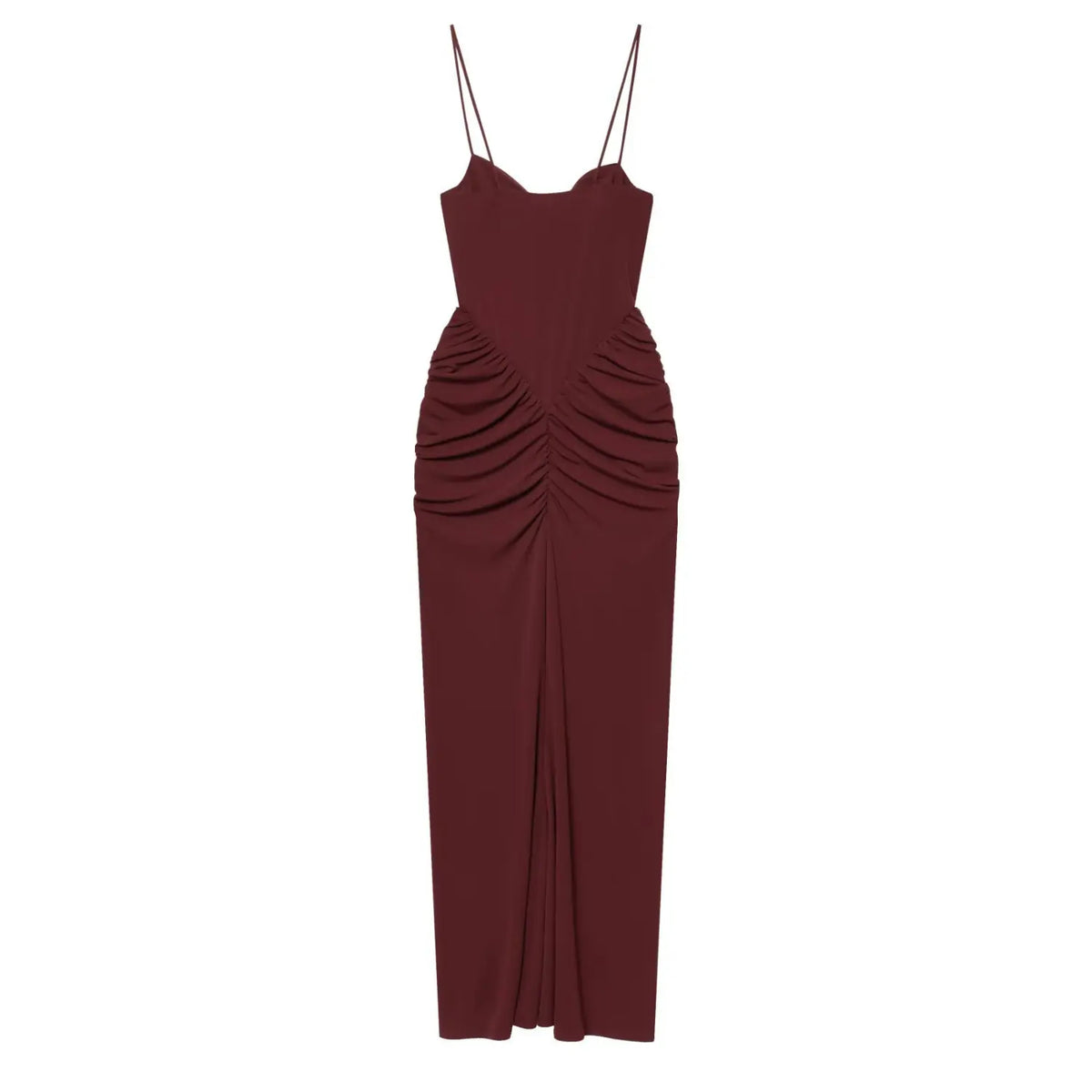 Burgundy V-waist ruched sweetheart cami midi dress, back flat lay