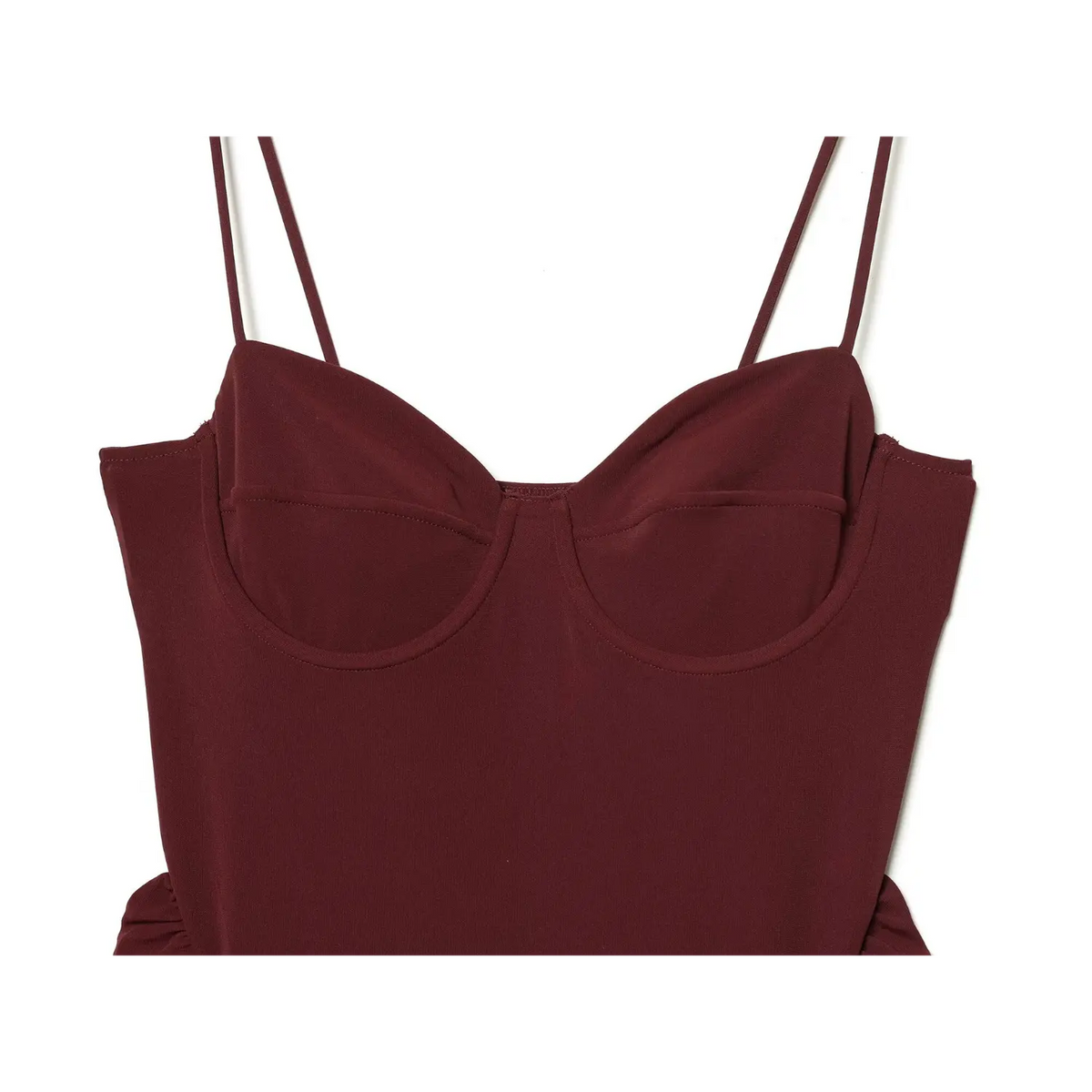 Close-up of burgundy structured bust cups
