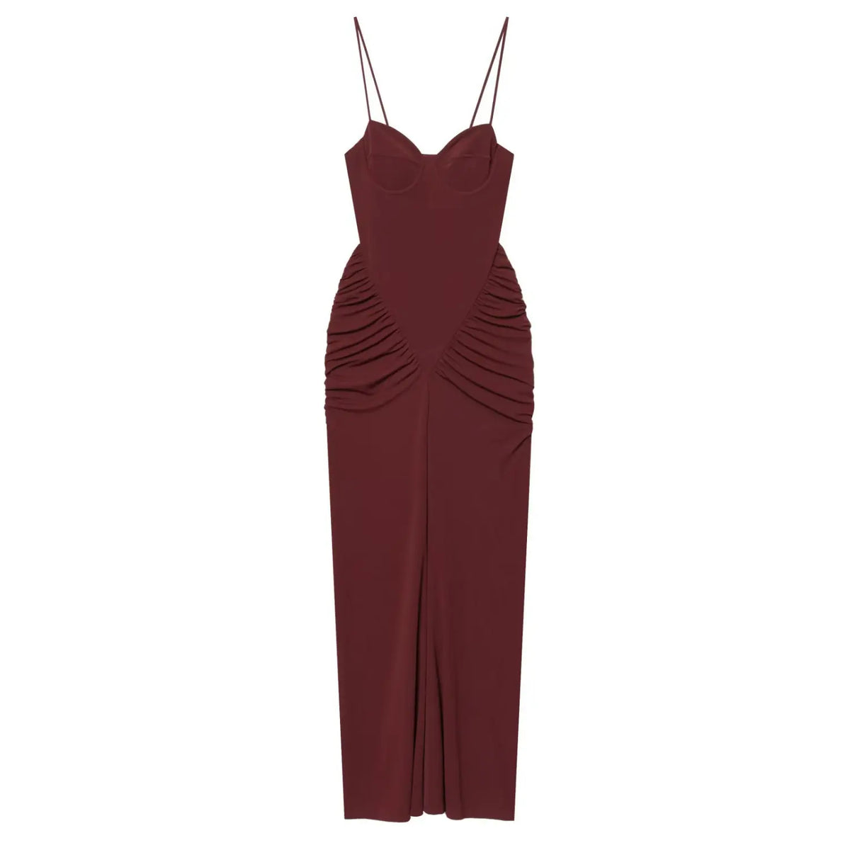Burgundy V-waist ruched sweetheart cami midi dress, front flat lay