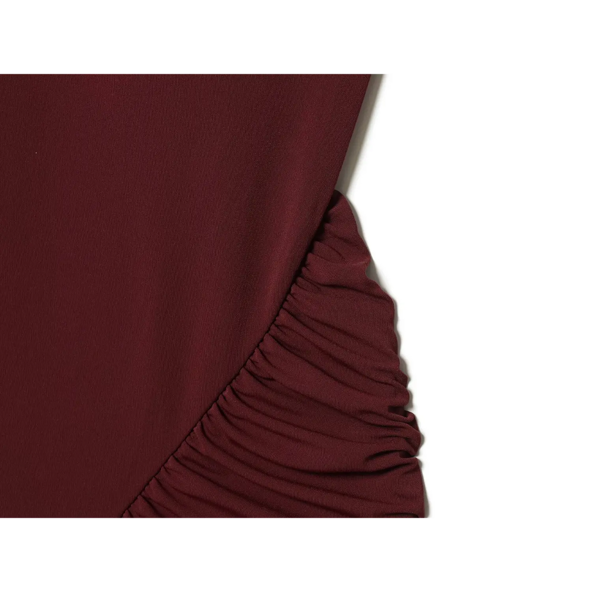 Close-up of burgundy side ruched detail