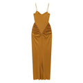 Mustard V-waist ruched sweetheart cami midi dress, back flat lay